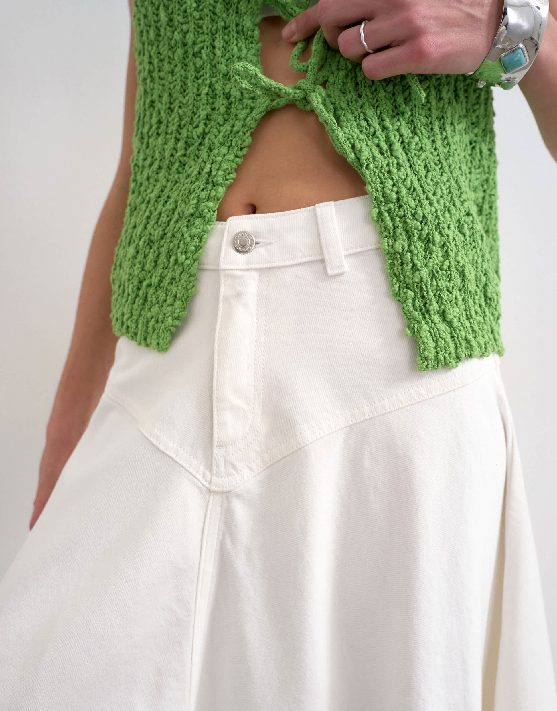 Topshop denim maxi front yoke skirt in white