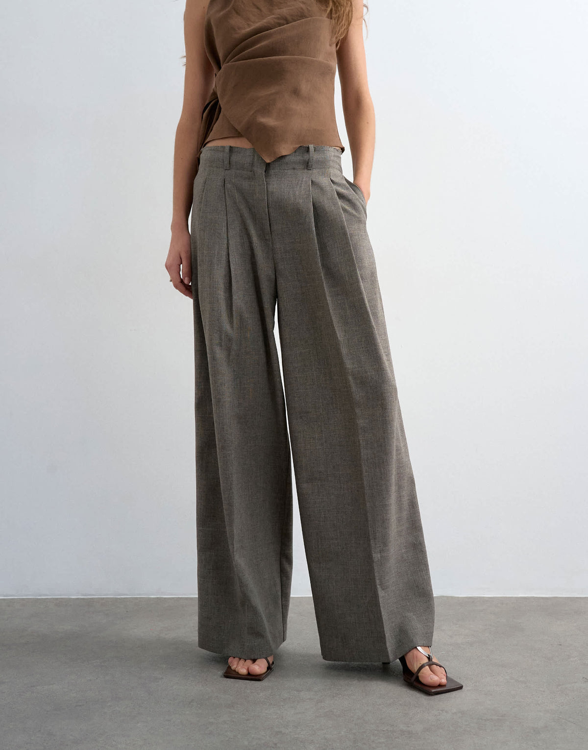 Topshop raw hem low slung double pleated tailored trouser in brown marl