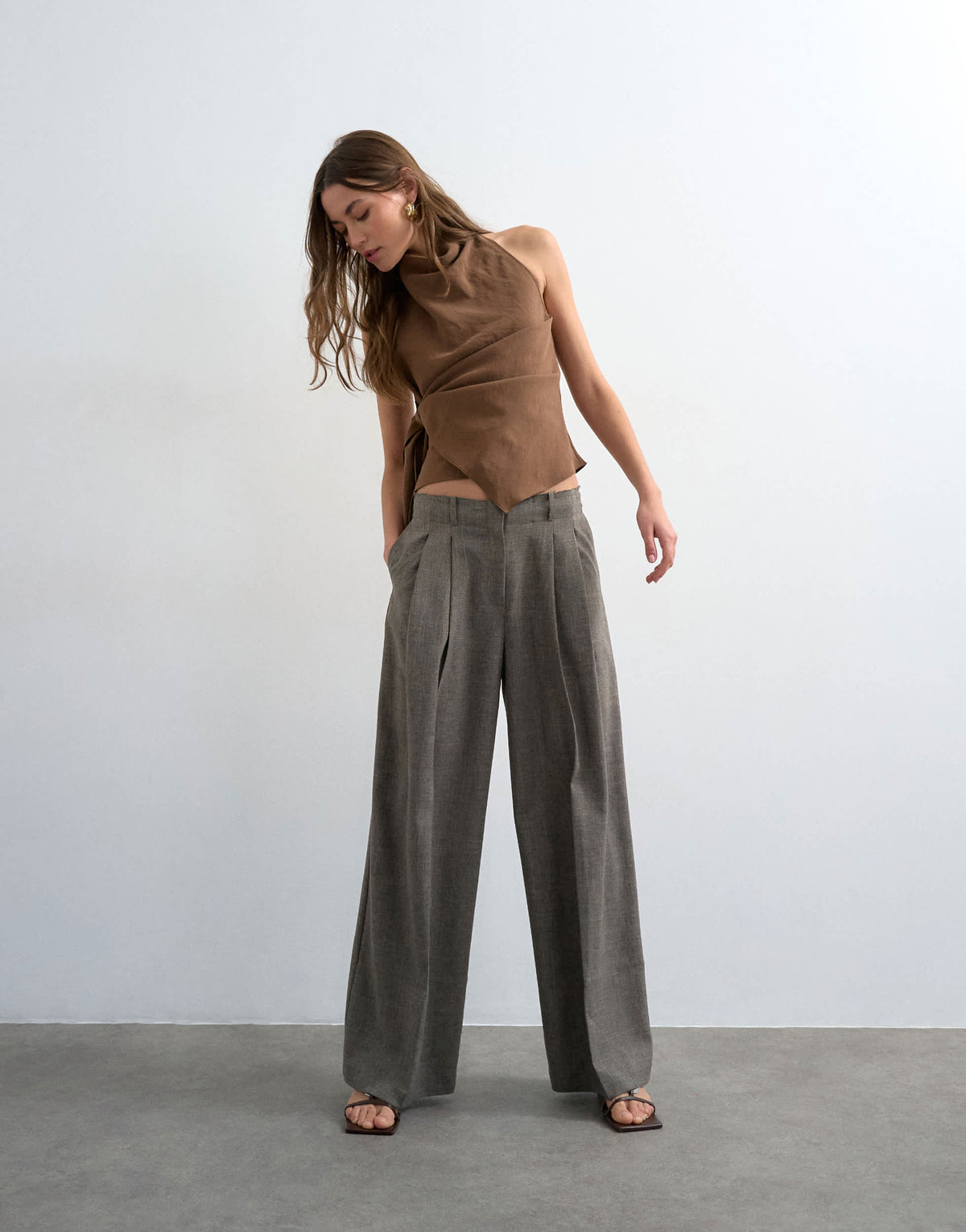 Topshop raw hem low slung double pleated tailored trouser in brown marl