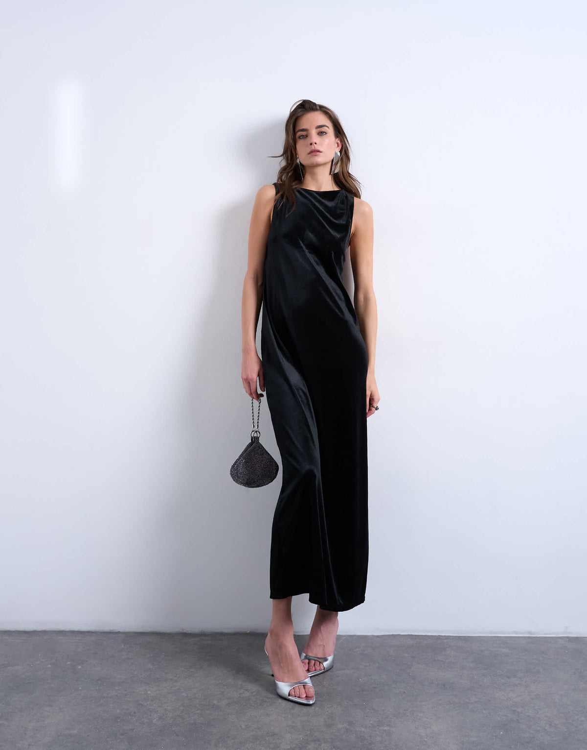 Topshop high neck open back chuck on velvet maxi dress in black
