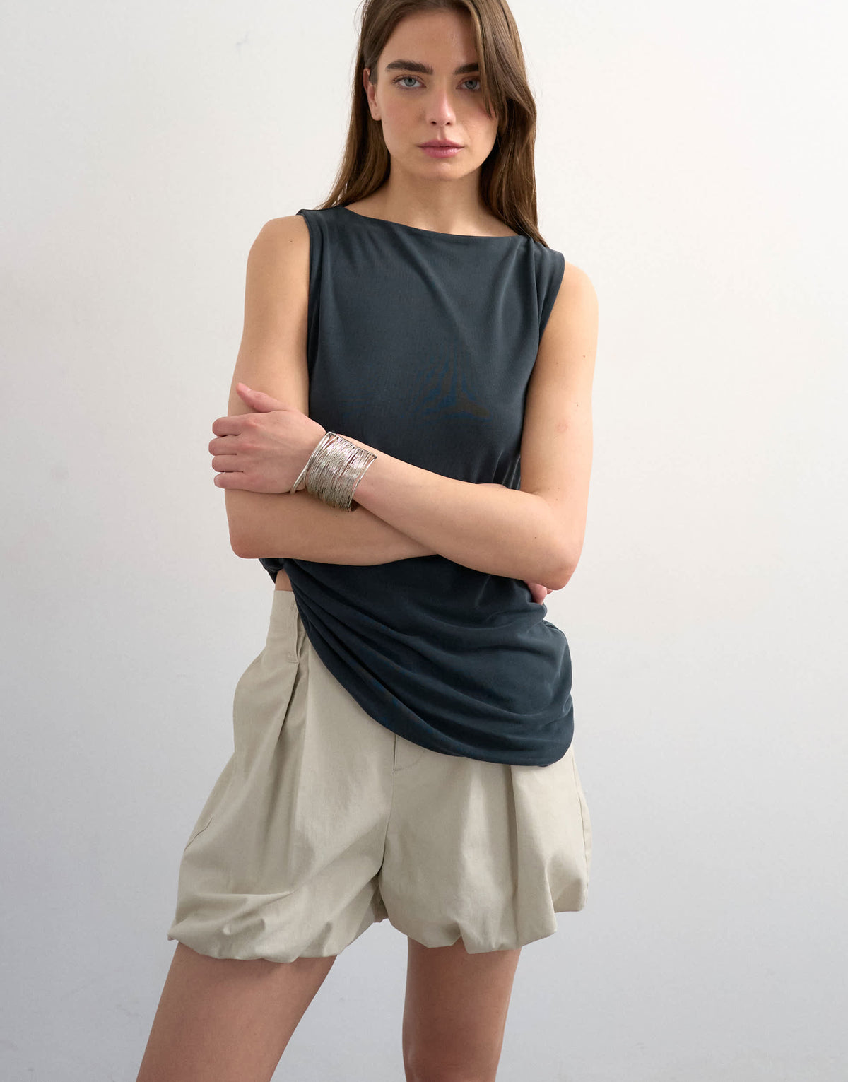 Topshop bubble hem clean short in neutral