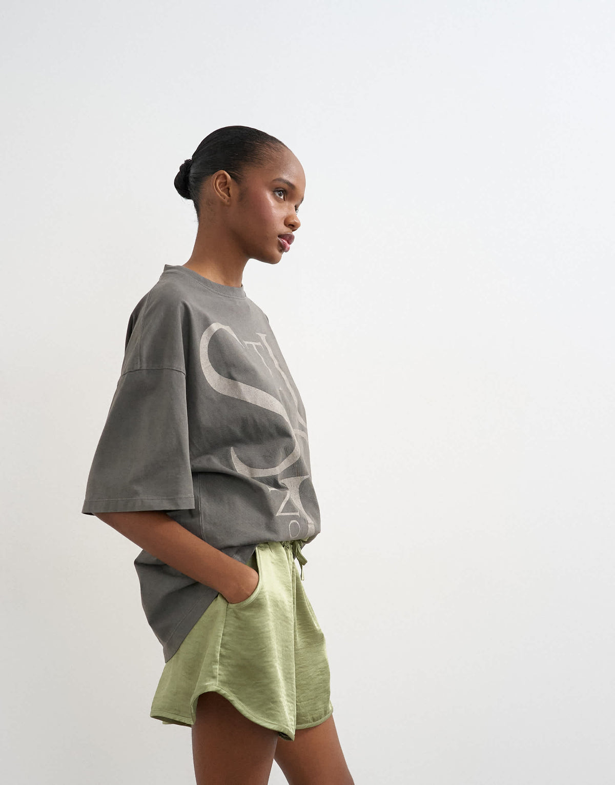 Topshop satin runner short with deep waistband in green