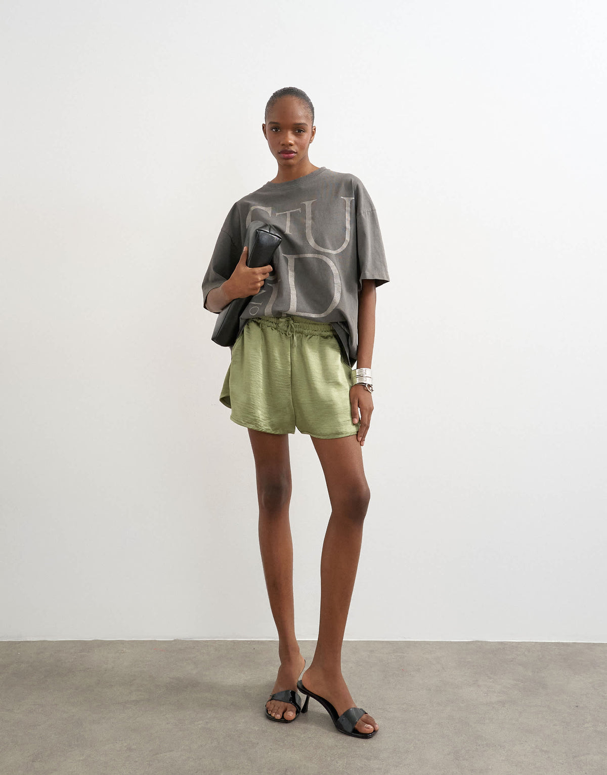 Topshop satin runner short with deep waistband in green