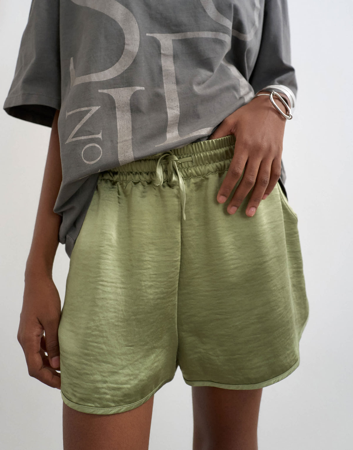 Topshop satin runner short with deep waistband in green