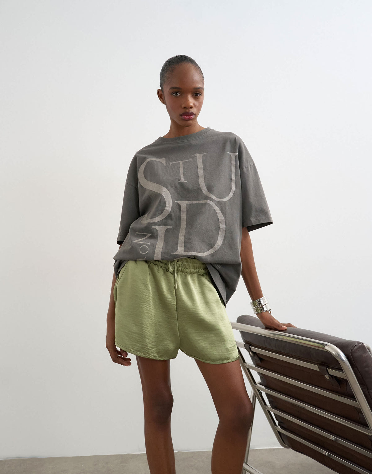 Topshop satin runner short with deep waistband in green