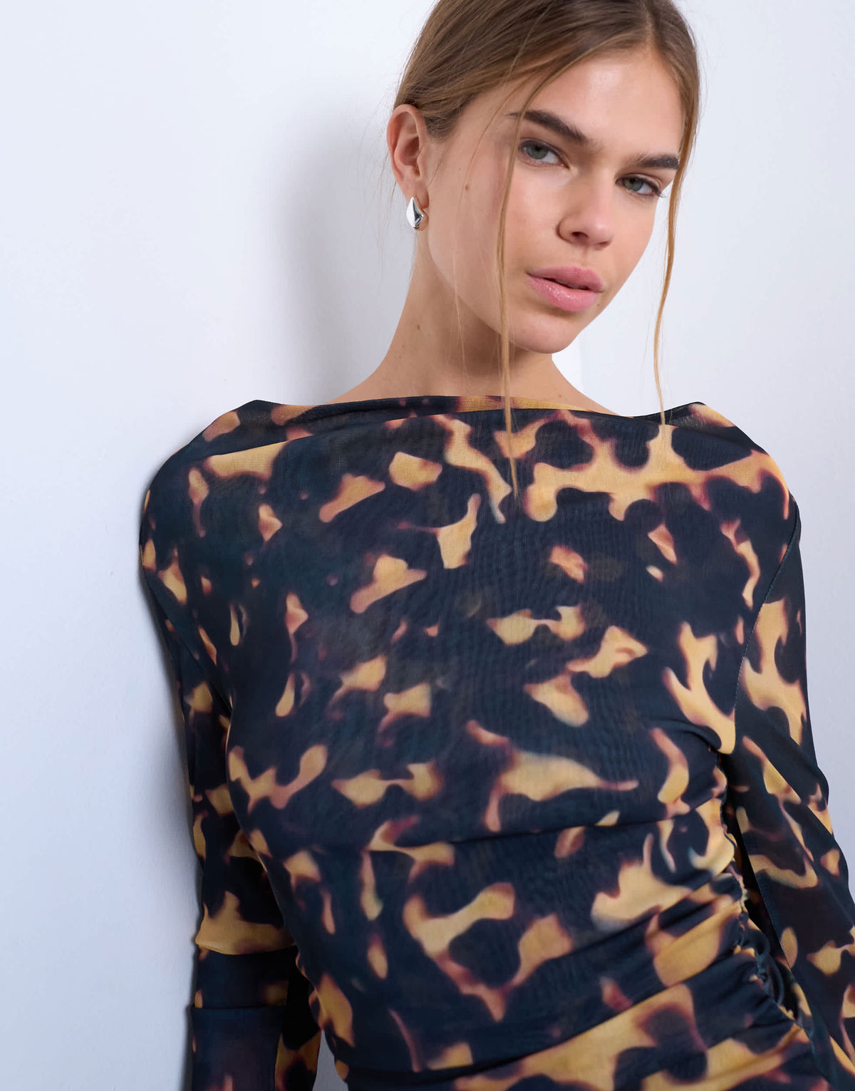 Topshop mesh cowl neck tortoise shell animal print long sleeve top in black