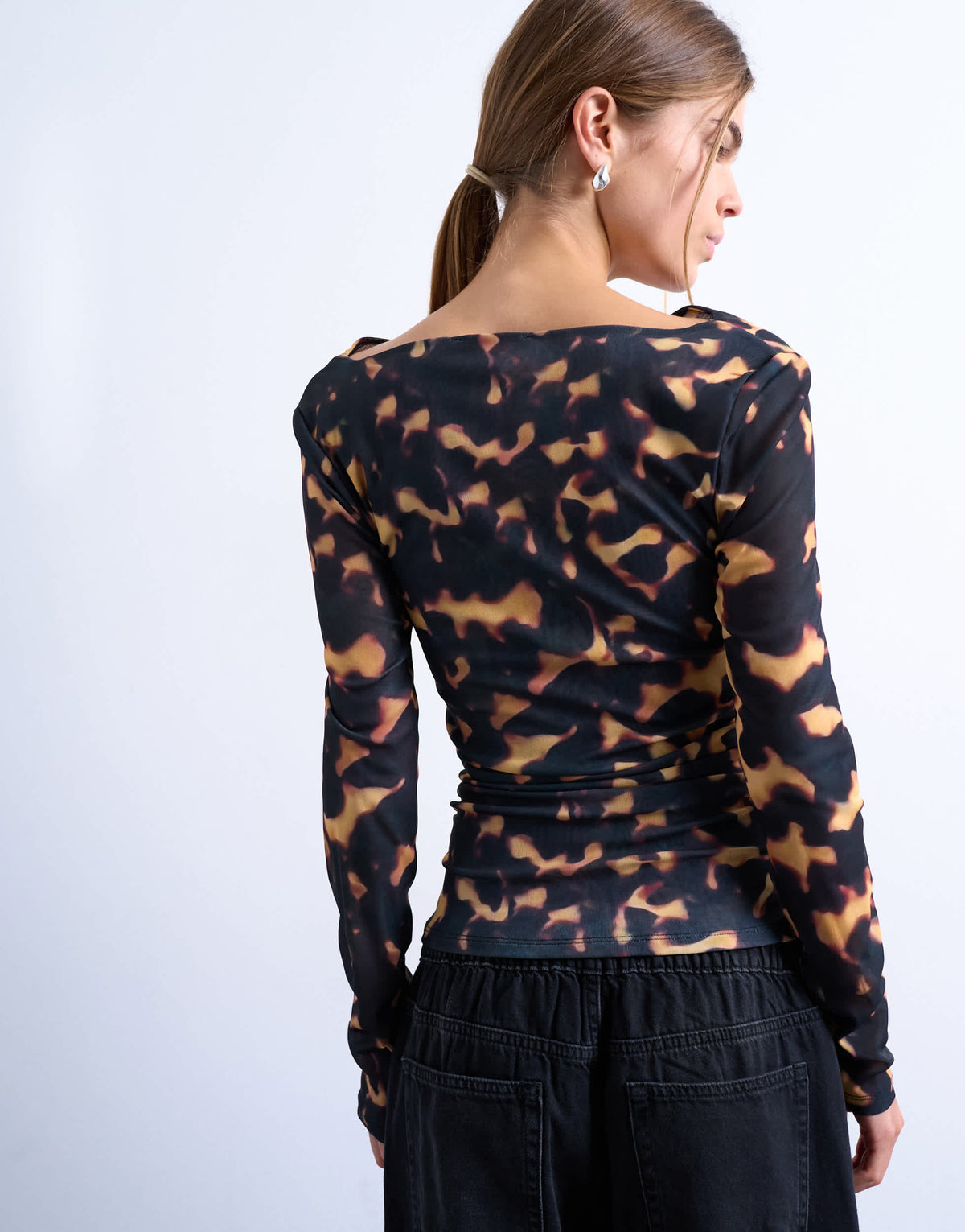 Topshop mesh cowl neck tortoise shell animal print long sleeve top in black