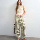Topshop linen green stripe clean tie waist barrel trouser in green