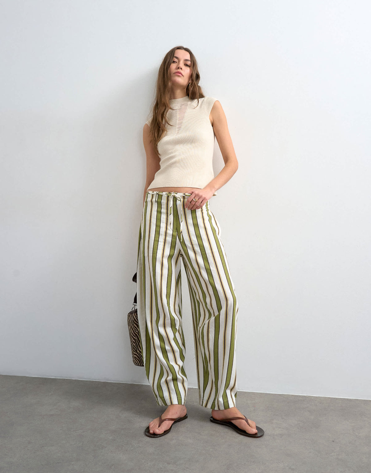 Topshop linen green stripe clean tie waist barrel trouser in green