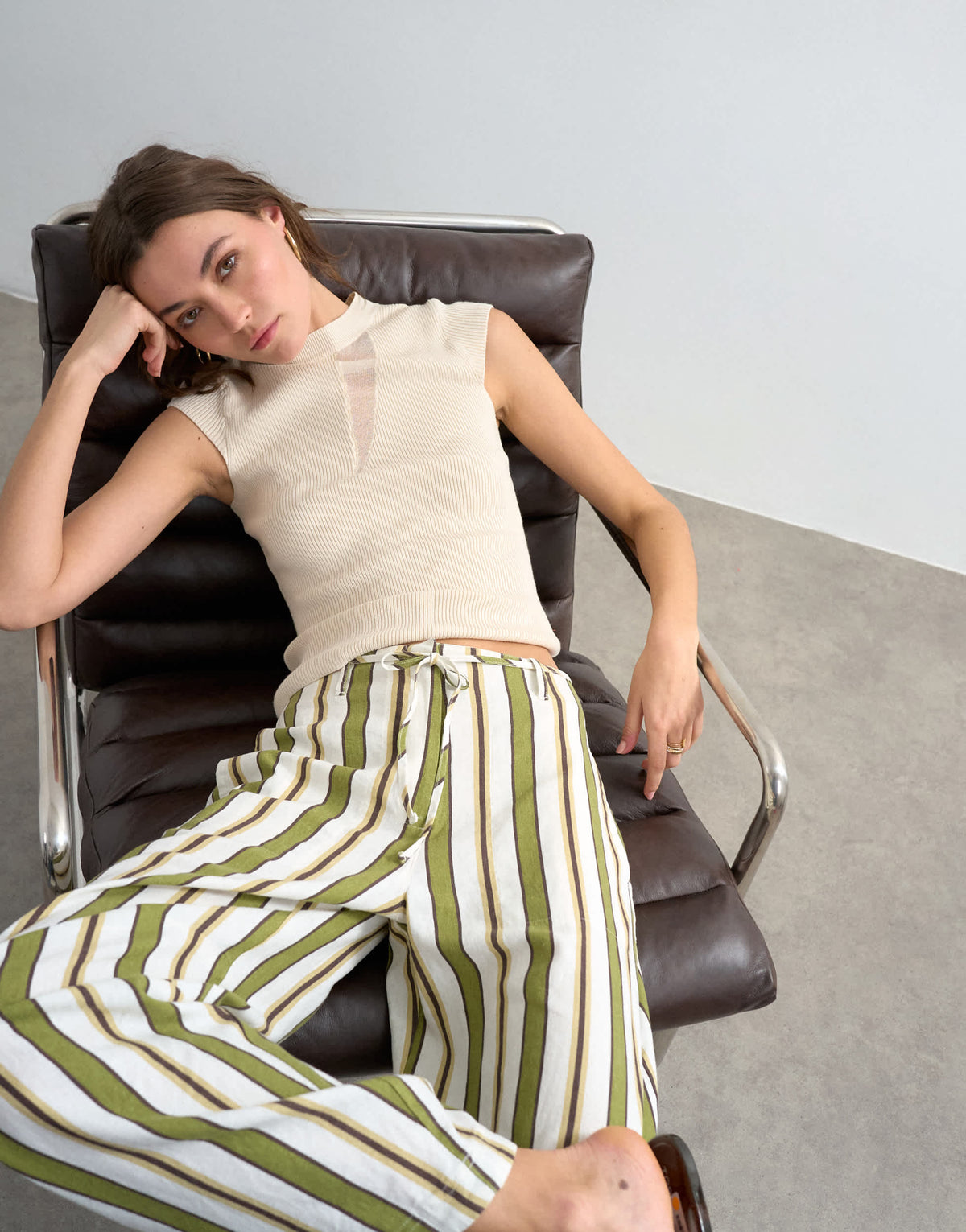 Topshop linen green stripe clean tie waist barrel trouser in green