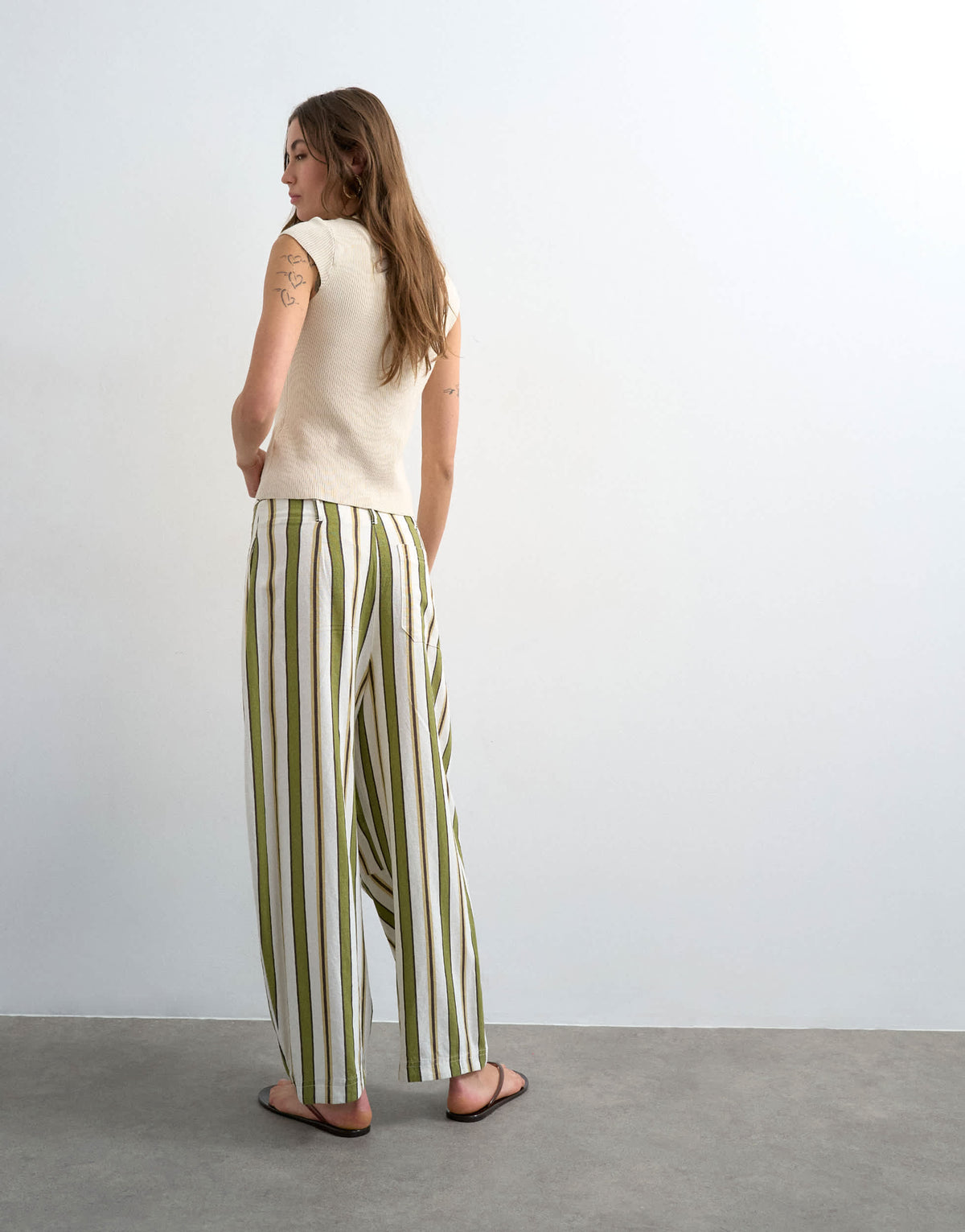 Topshop linen green stripe clean tie waist barrel trouser in green