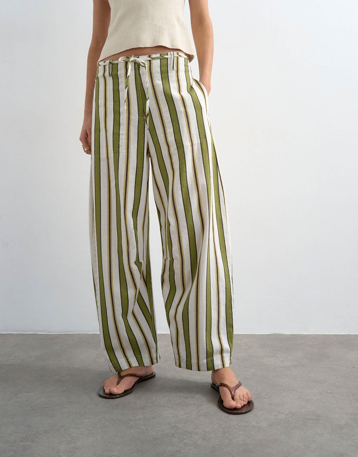 Topshop linen green stripe clean tie waist barrel trouser in green
