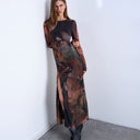 Topshop mesh maxi blurred abstract print long sleeve dress in multi