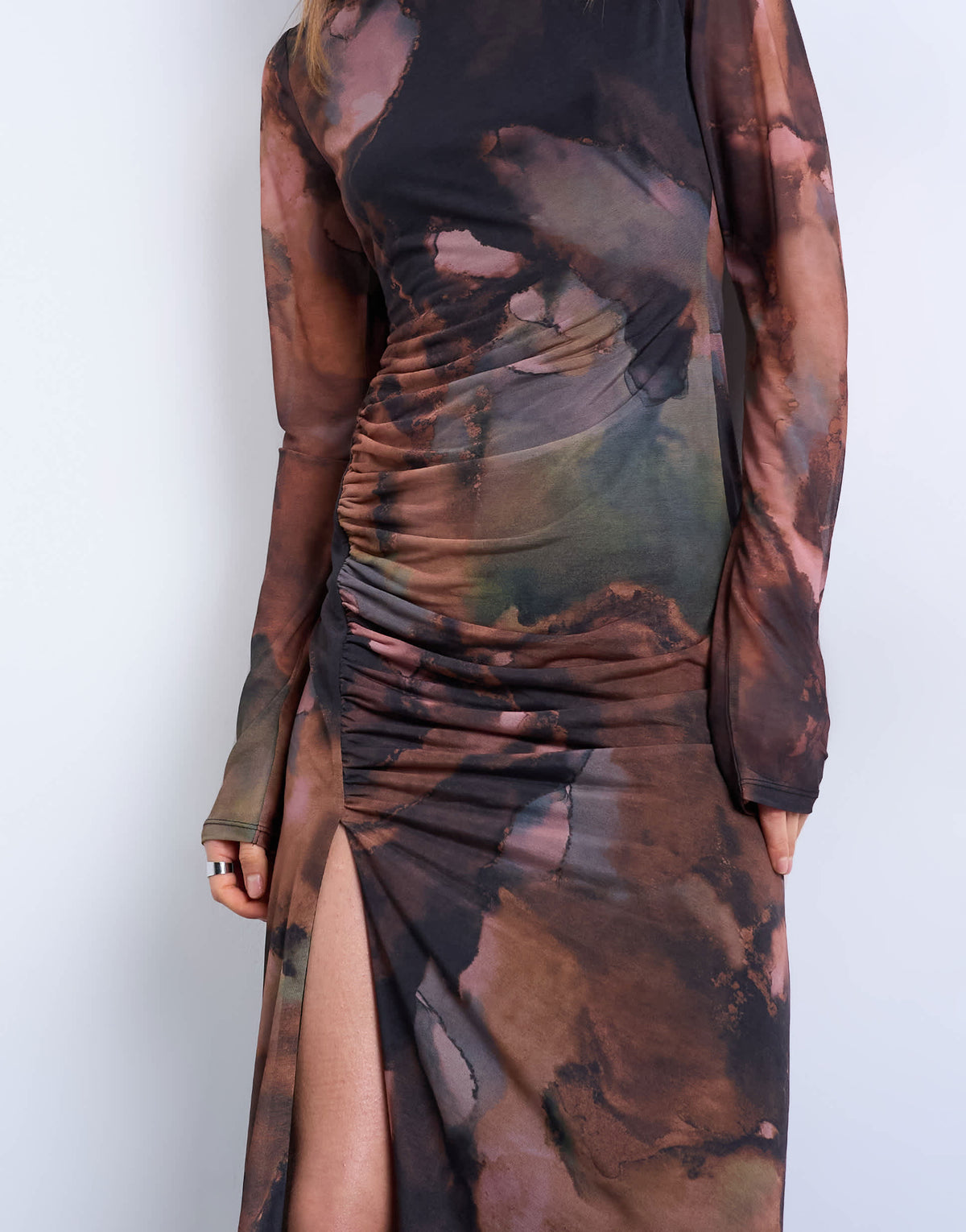 Topshop mesh maxi blurred abstract print long sleeve dress in multi
