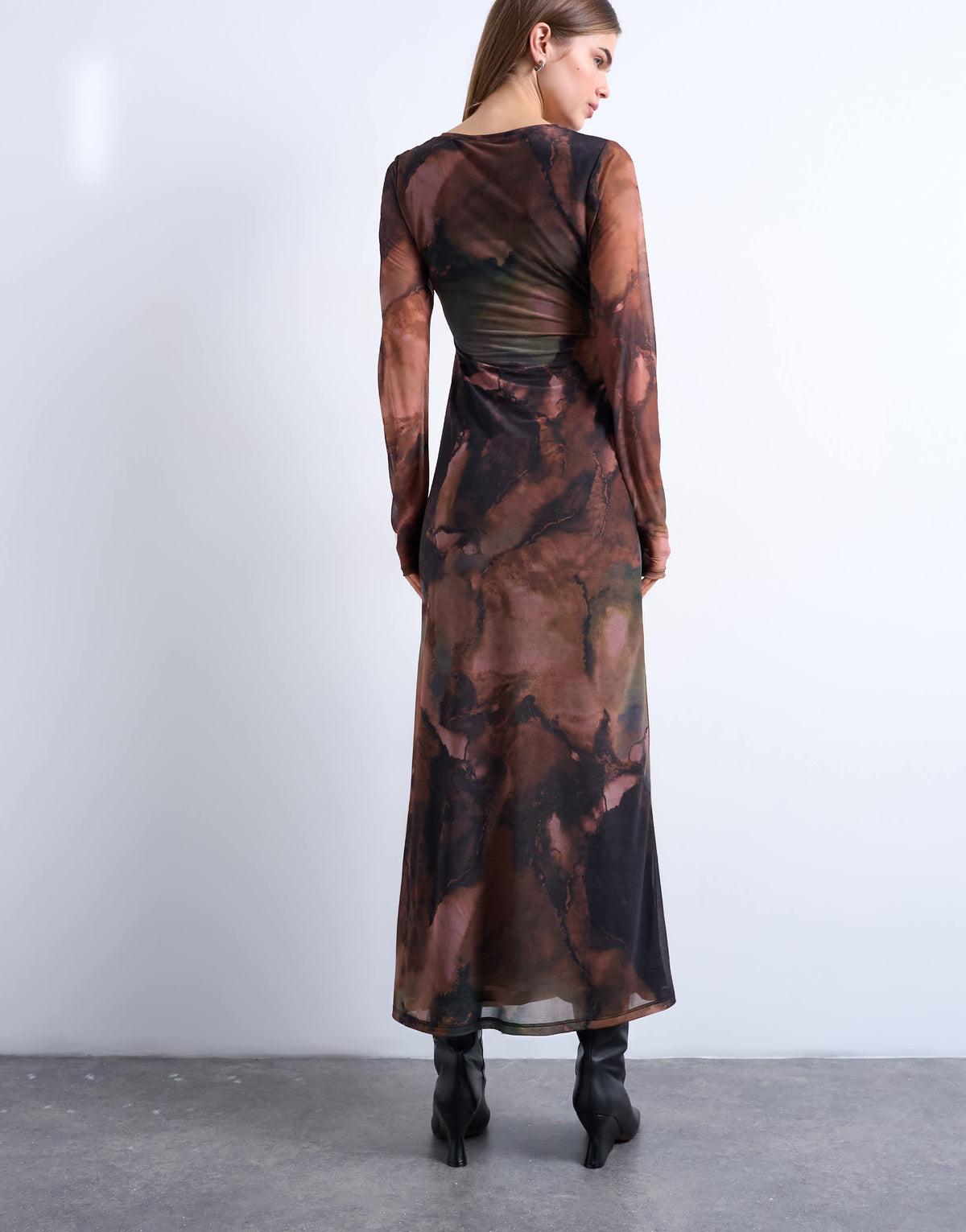 Topshop mesh maxi blurred abstract print long sleeve dress in multi