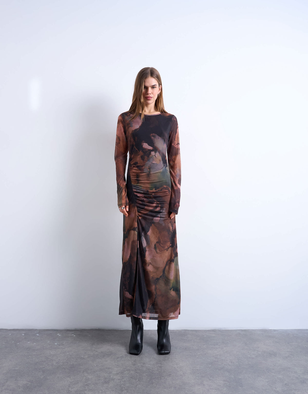 Topshop mesh maxi blurred abstract print long sleeve dress in multi