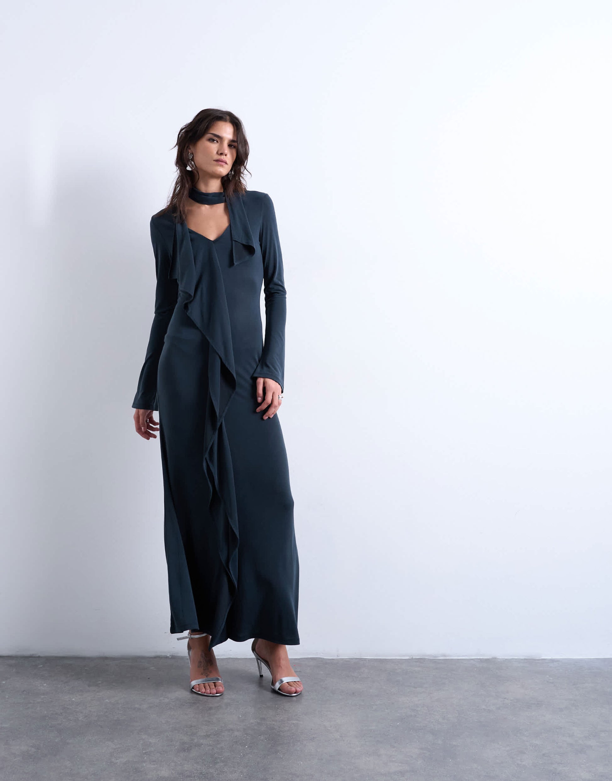 Topshop cupro scarf detail ruffle maxi dress in charcoal