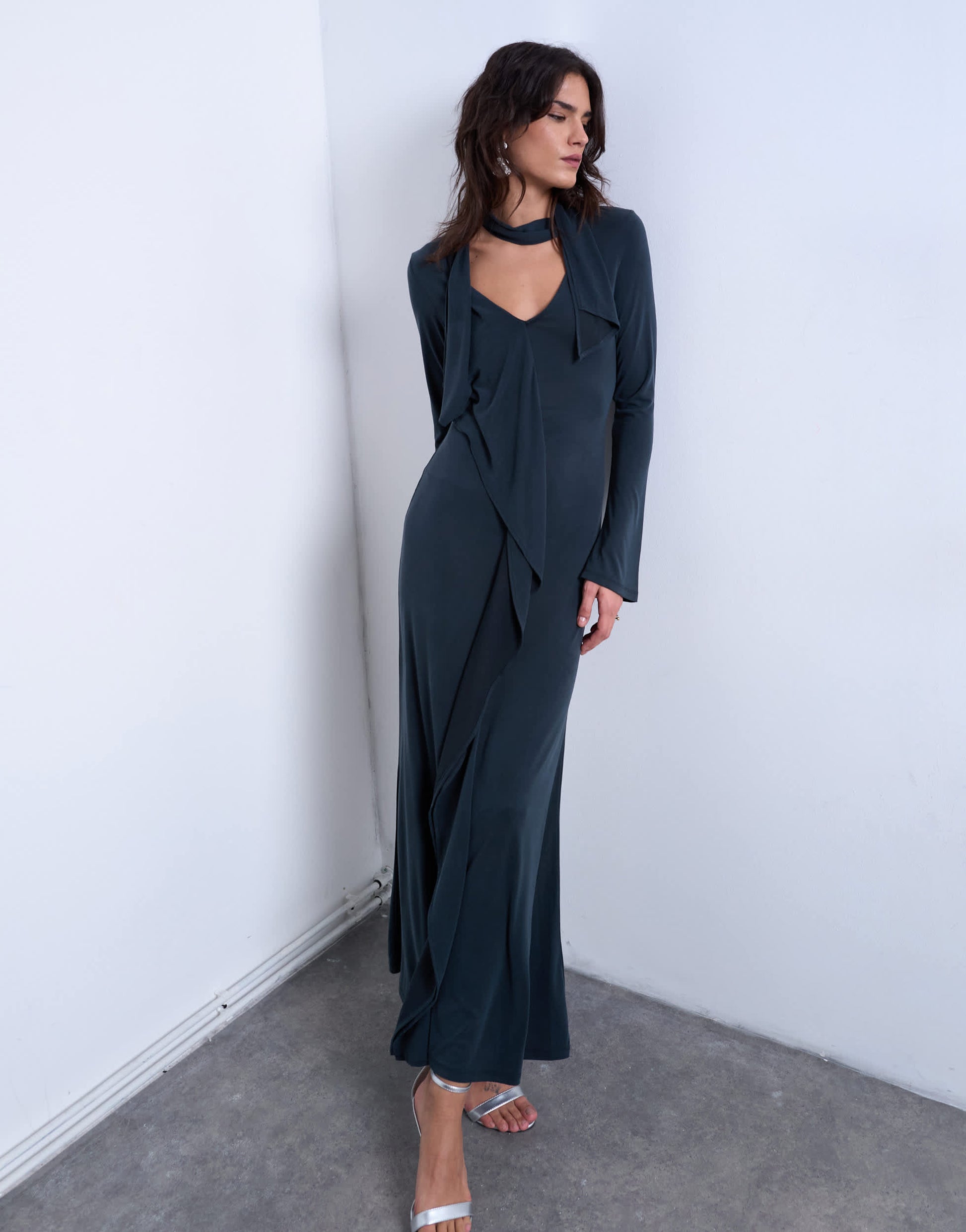 Topshop cupro scarf detail ruffle maxi dress in charcoal