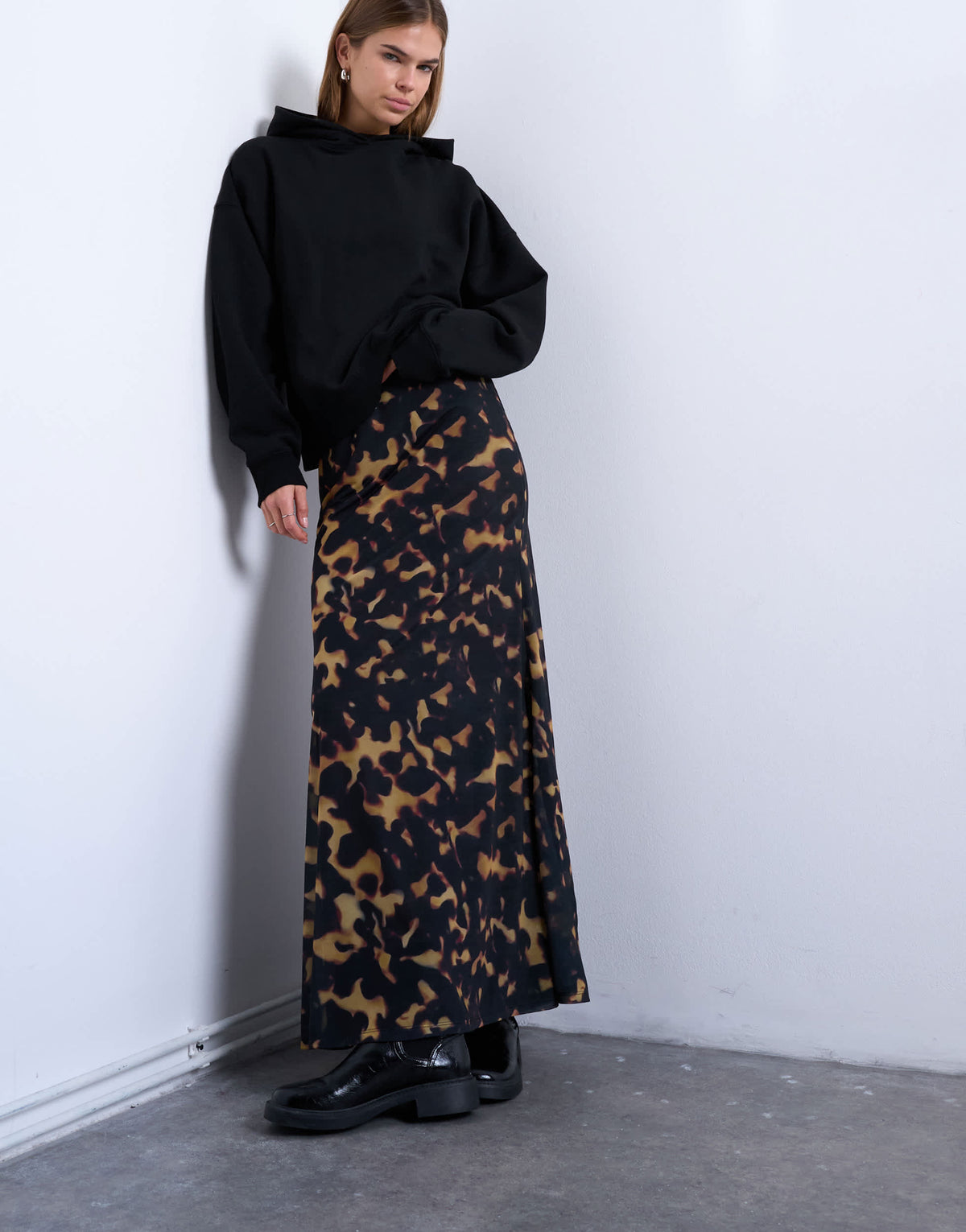 Topshop tortoise shell animal print mesh maxi skirt in black