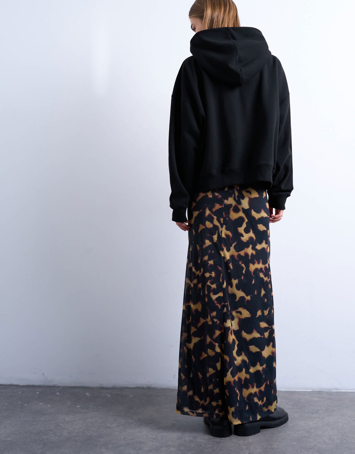 Topshop tortoise shell animal print mesh maxi skirt in black