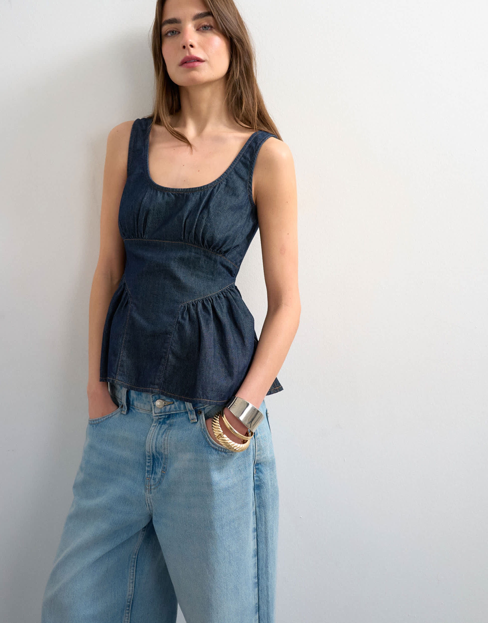 Topshop denim gather bust with peplum top in mid blue
