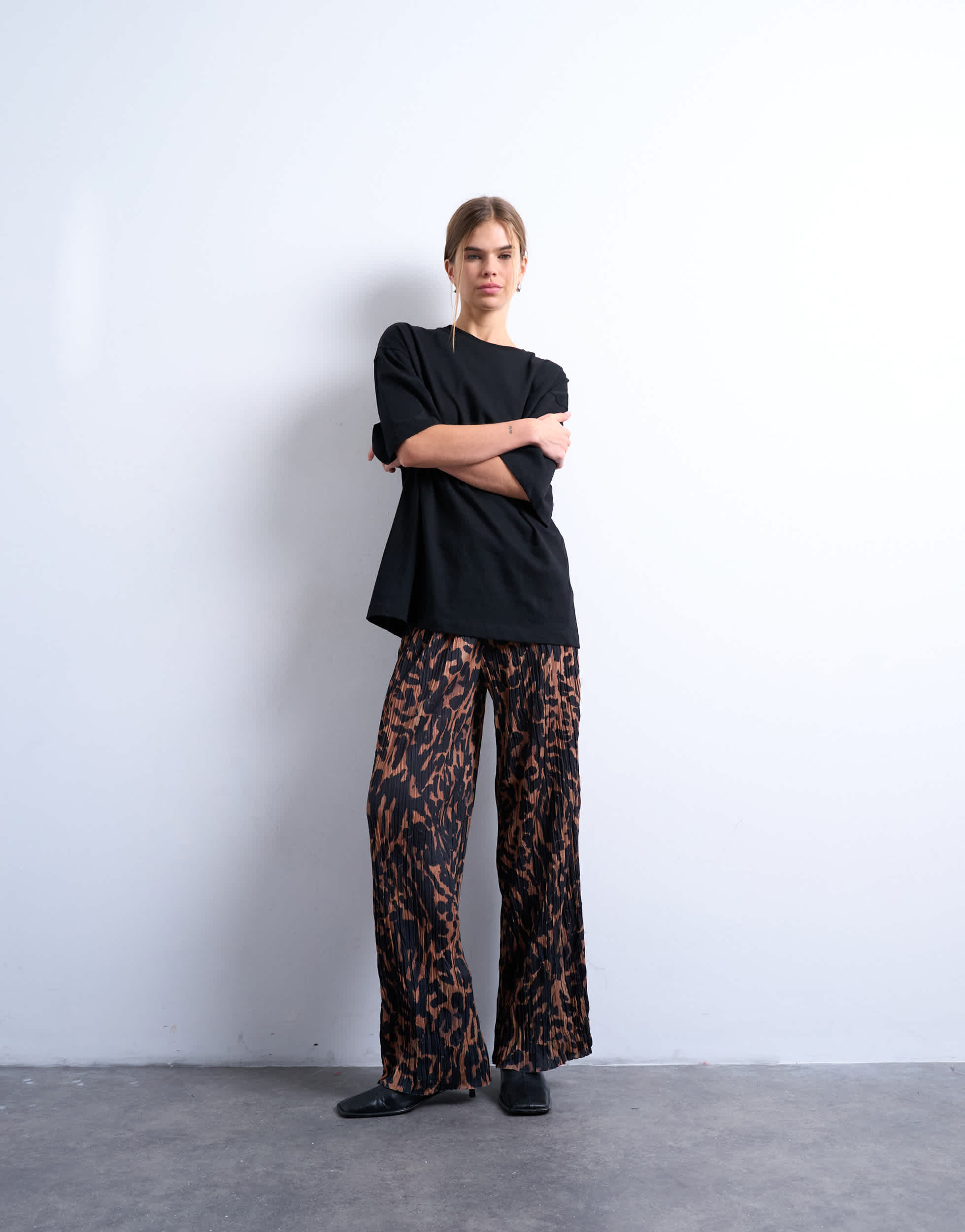 Topshop leopard print crinkle wide leg trouser in brown