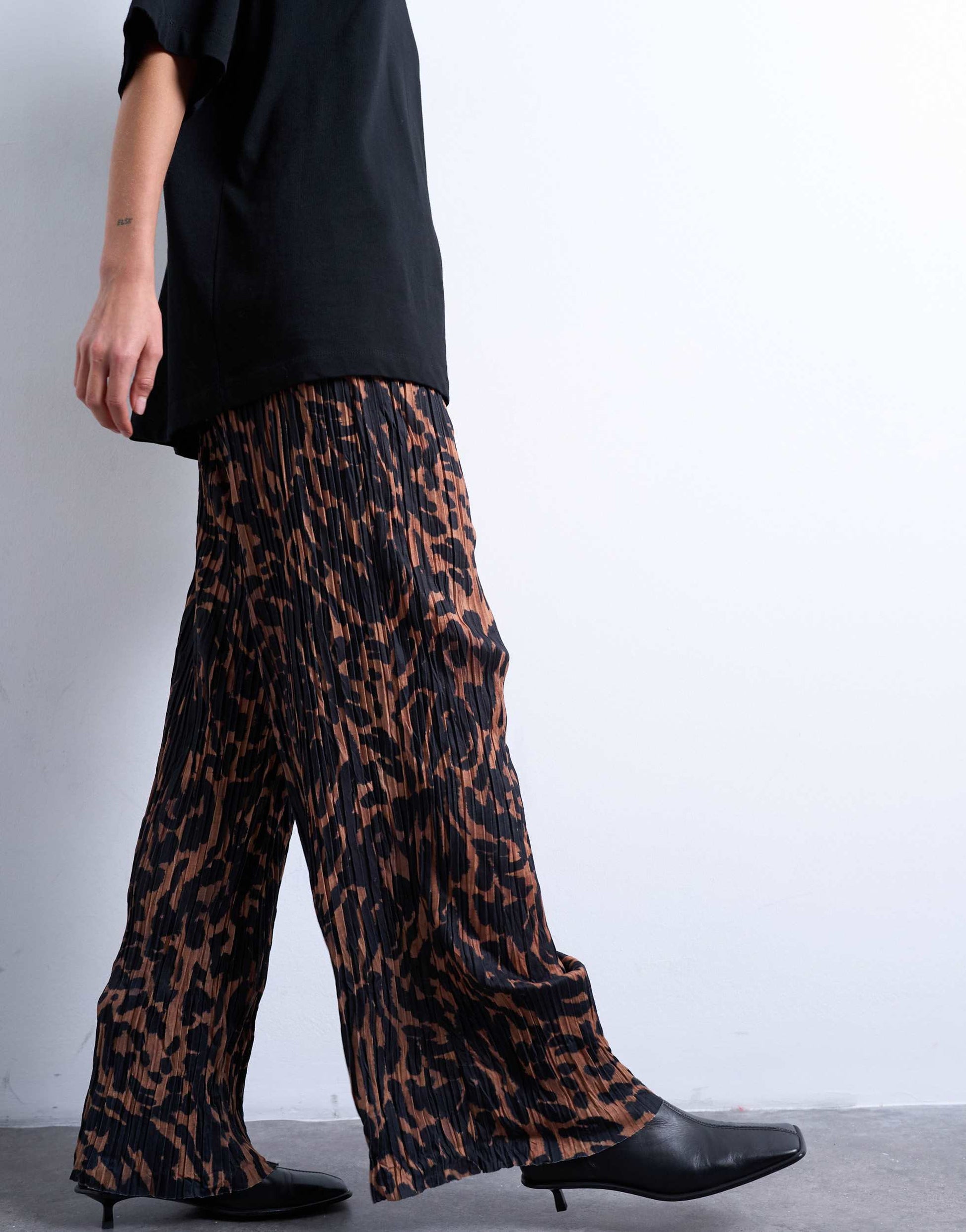 Topshop leopard print crinkle wide leg trouser in brown