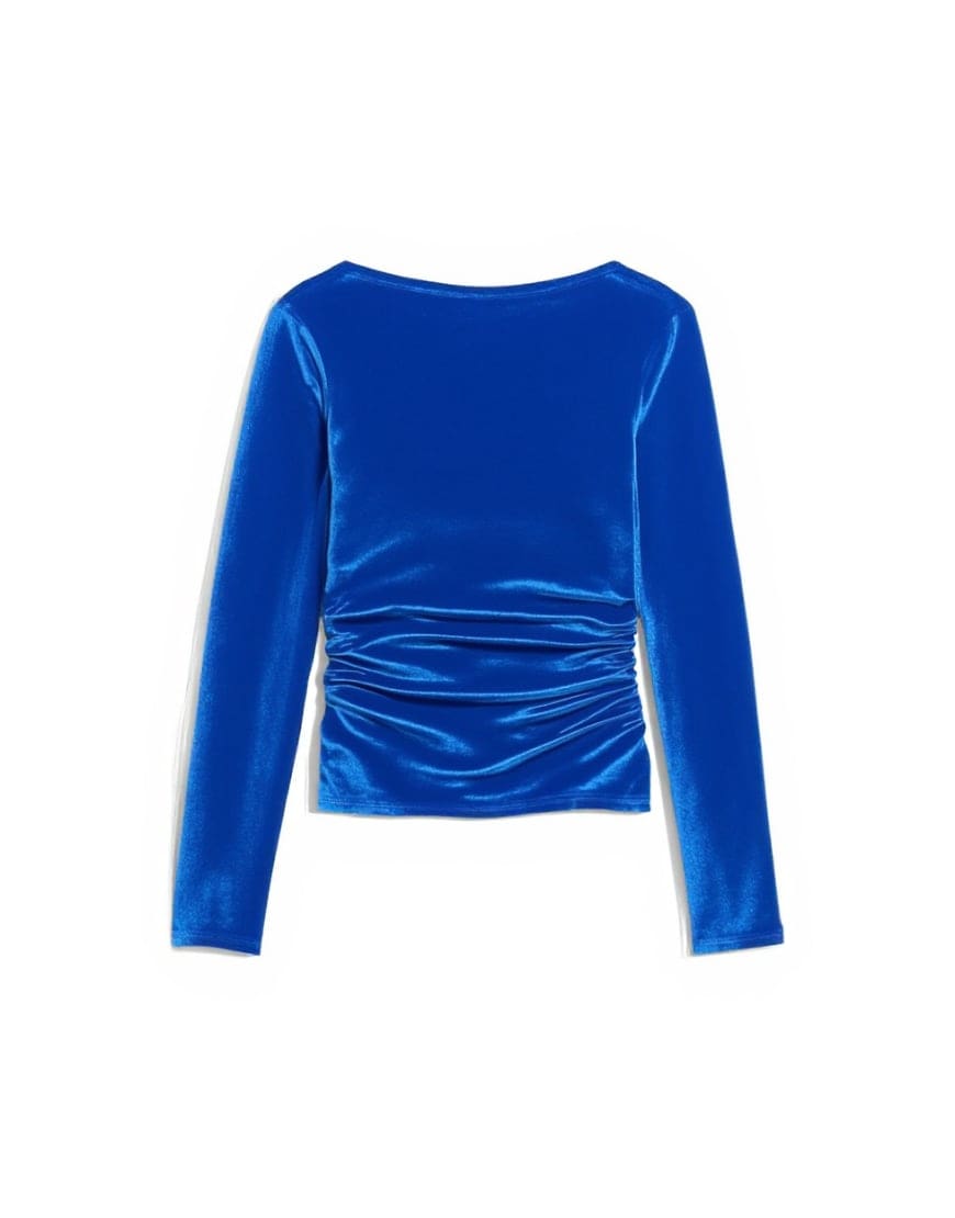 Topshop velvet cowl back long sleeve top in blue