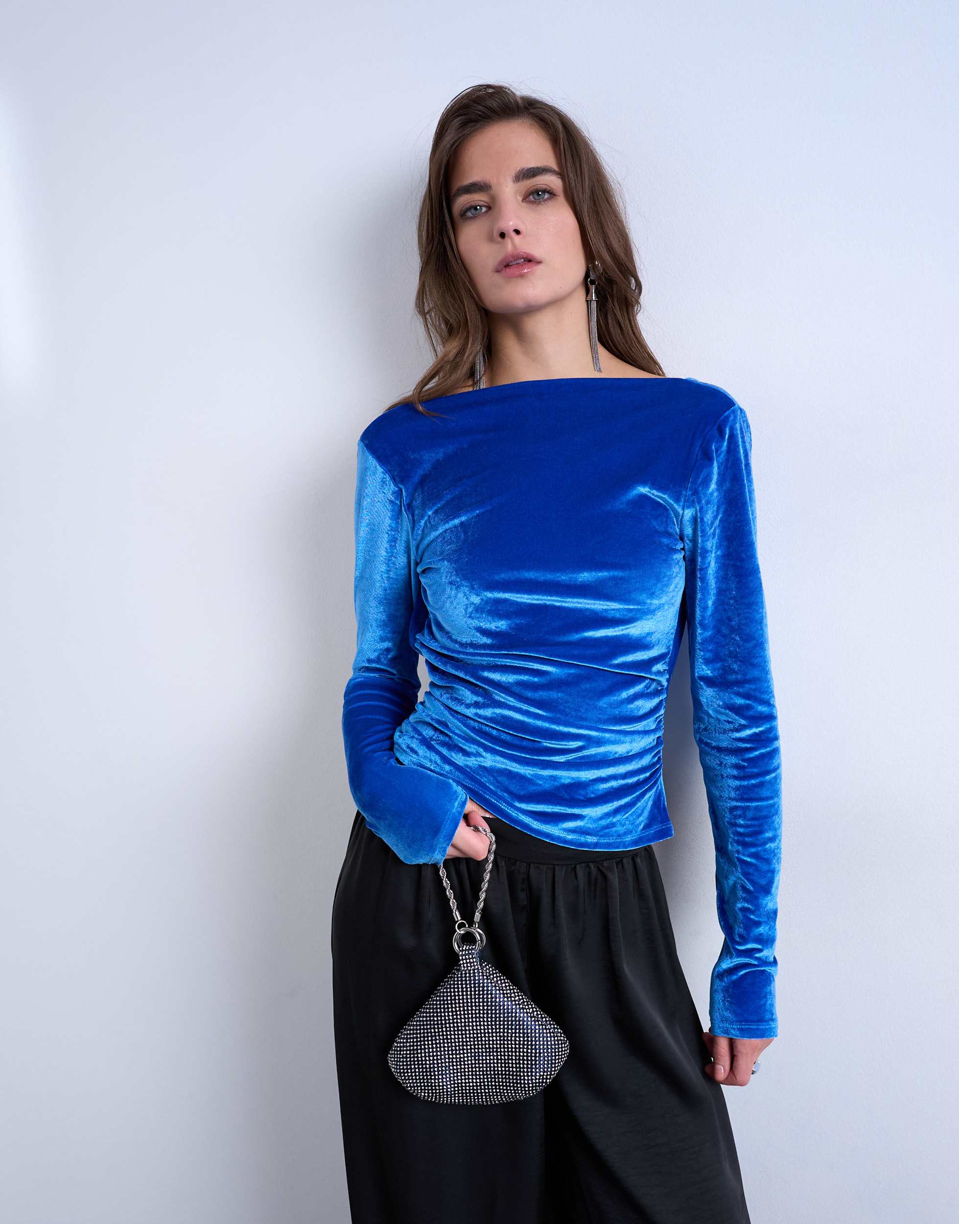 Topshop velvet cowl back long sleeve top in blue