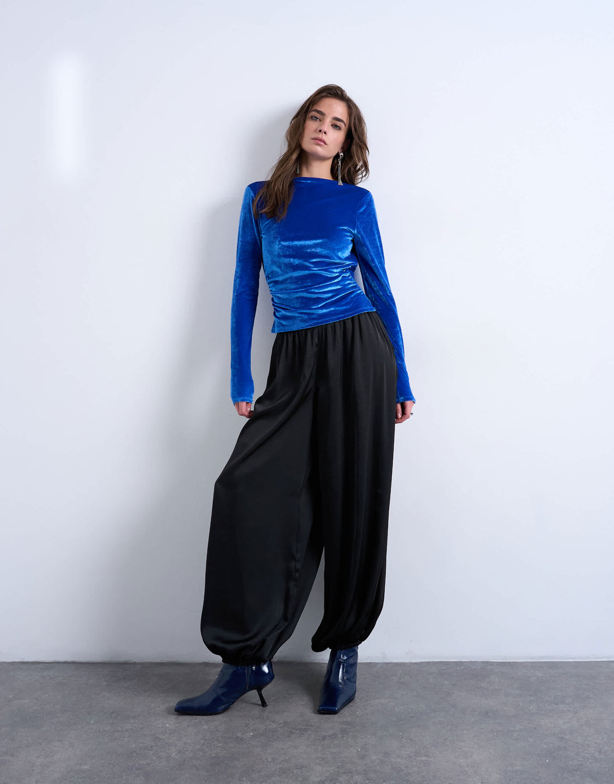 Topshop velvet cowl back long sleeve top in blue