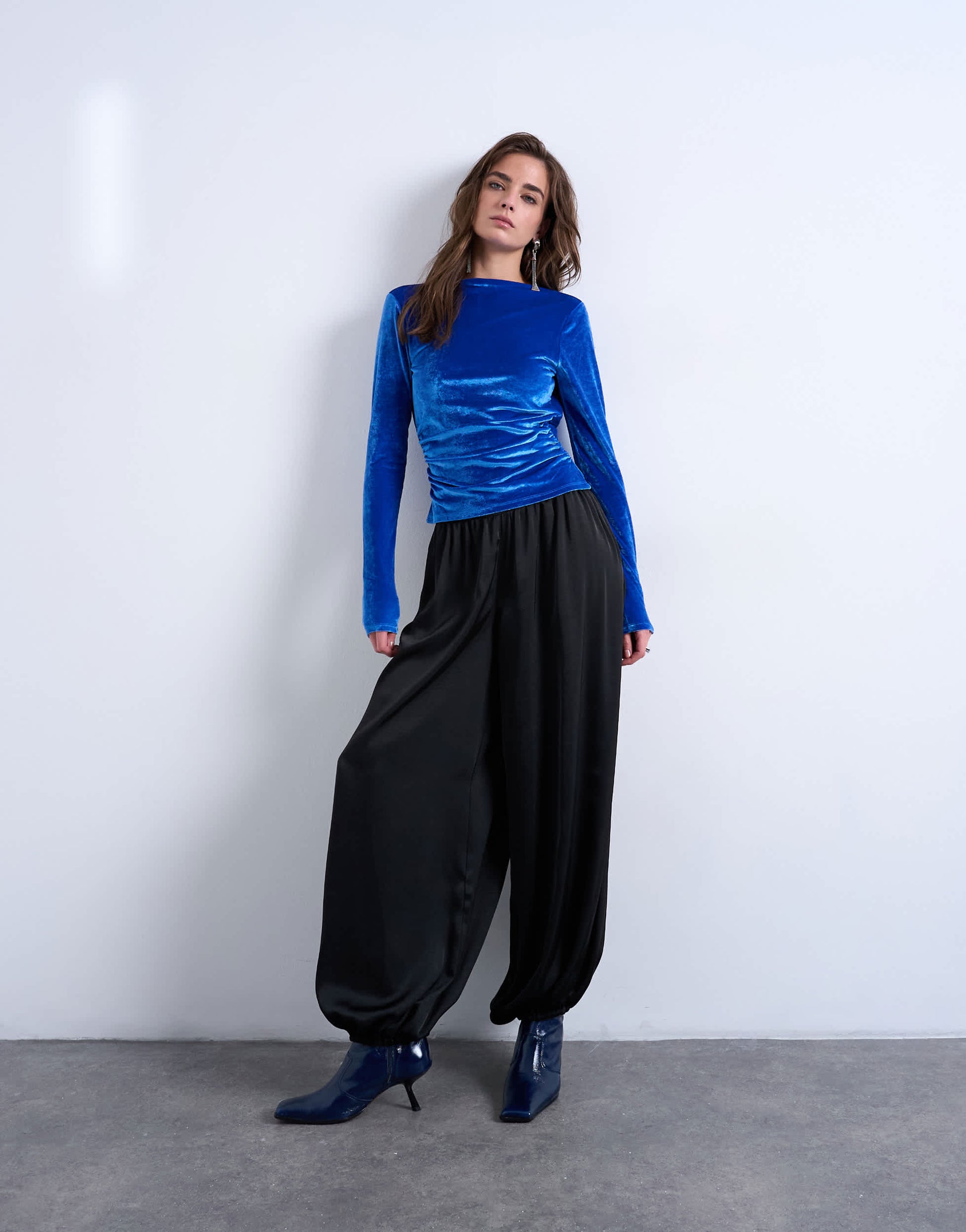 Topshop velvet cowl back long sleeve top in blue