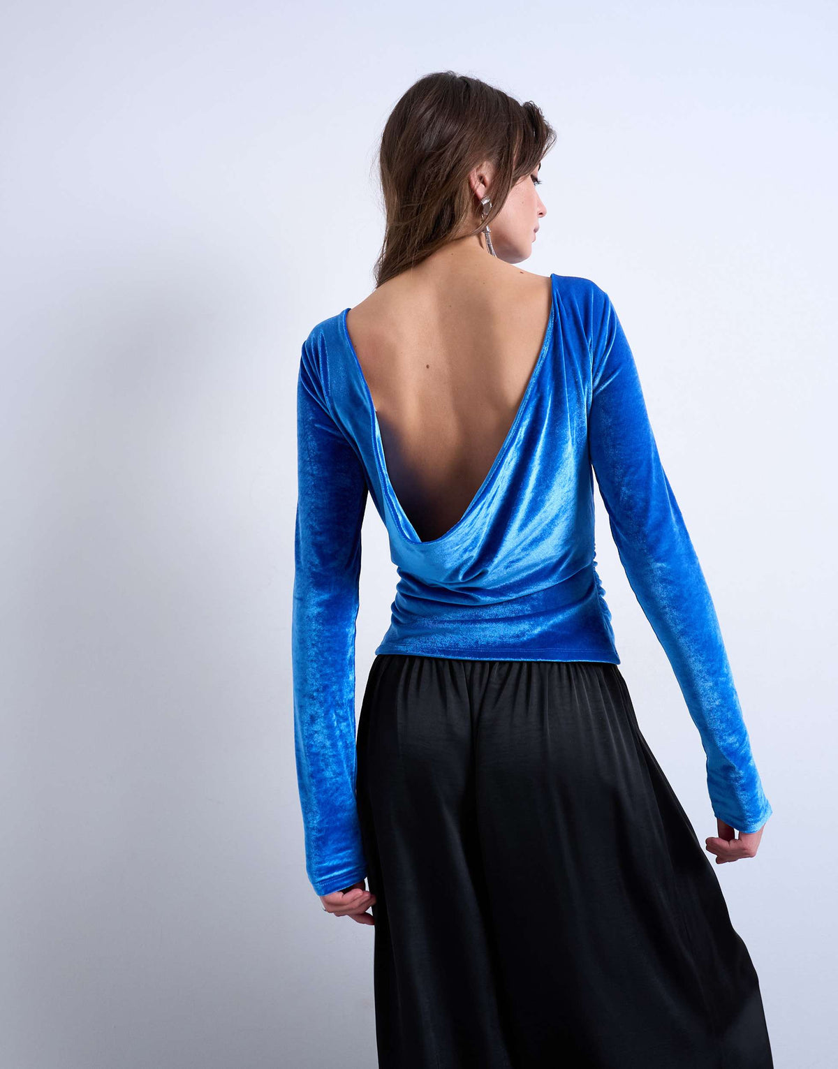 Topshop velvet cowl back long sleeve top in blue