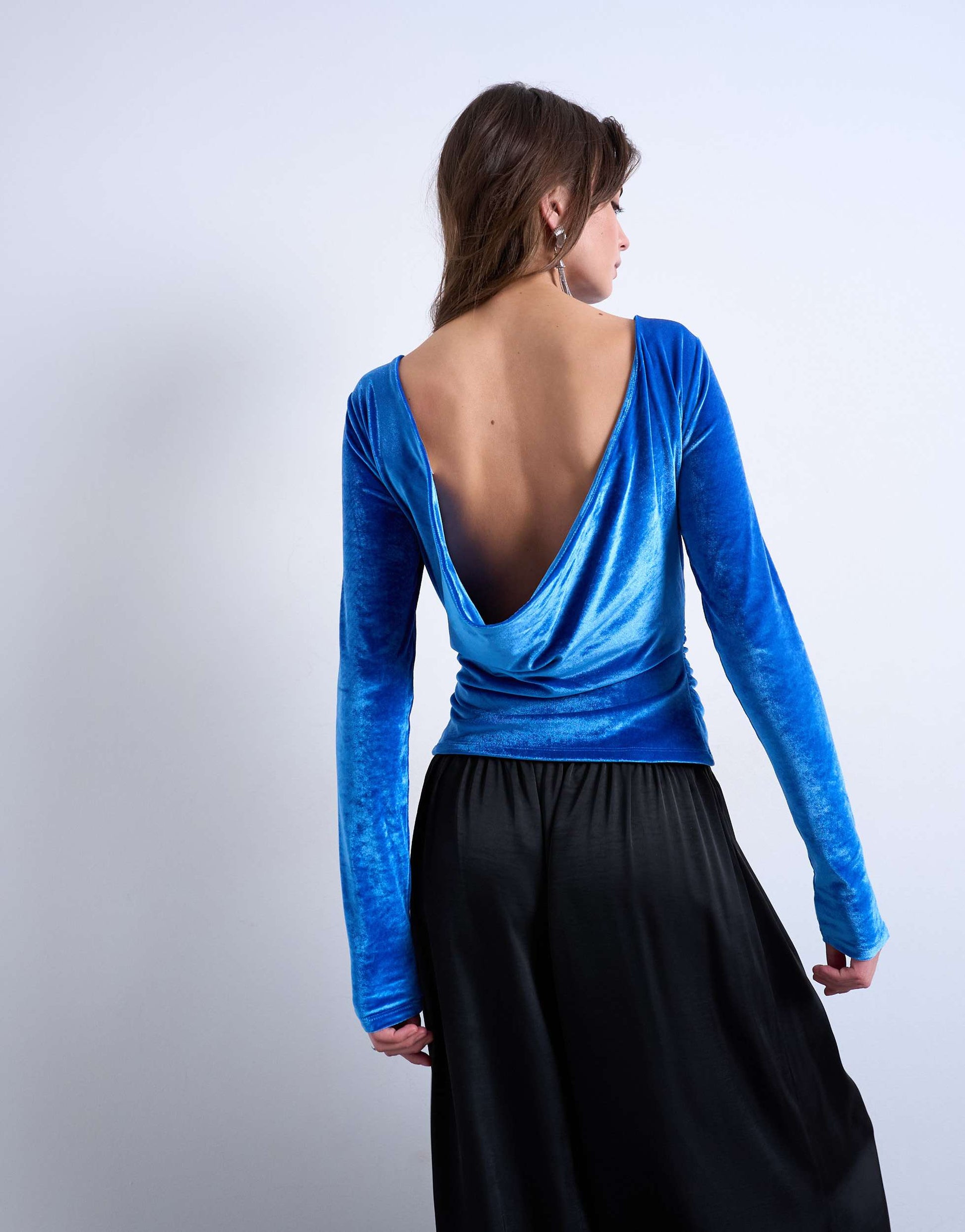 Topshop velvet cowl back long sleeve top in blue