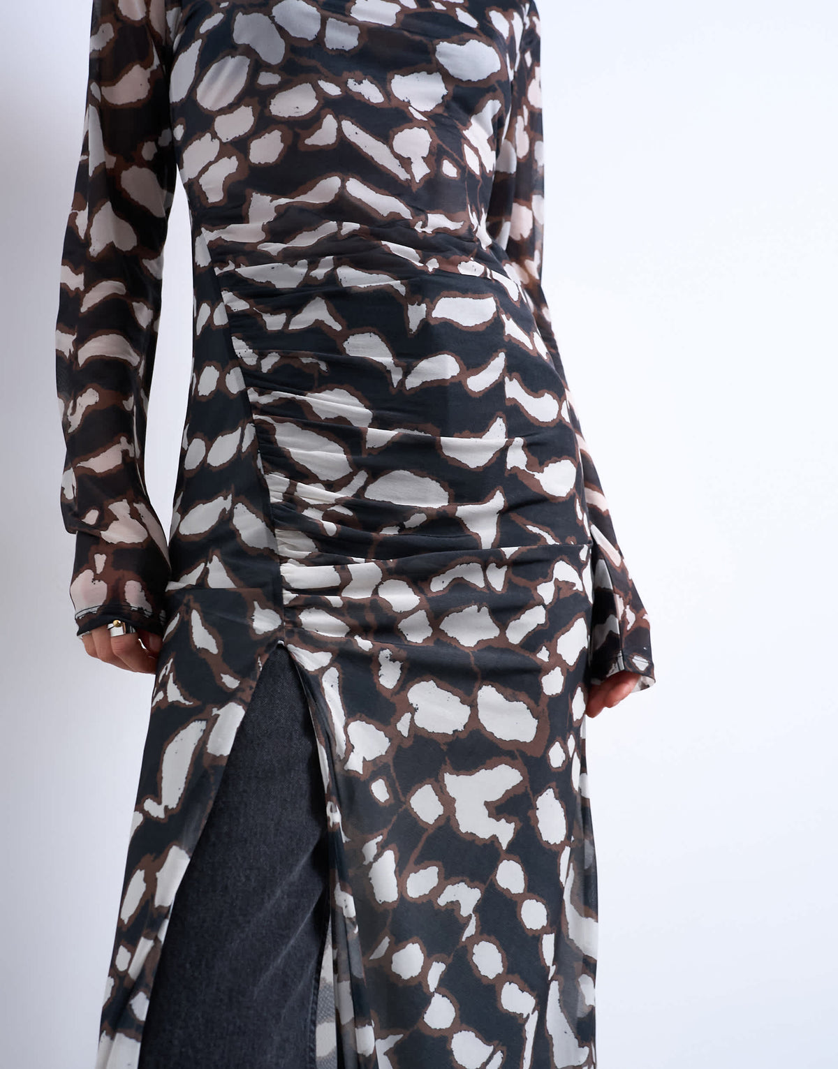 Topshop mesh maxi animal print long sleeve dress in multi