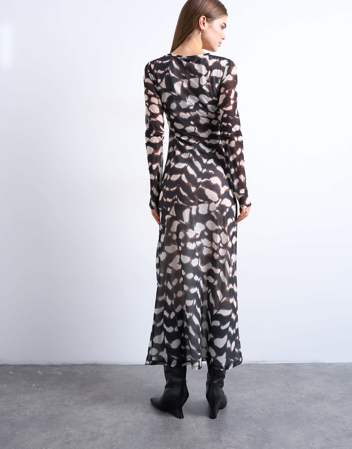 Topshop mesh maxi animal print long sleeve dress in multi
