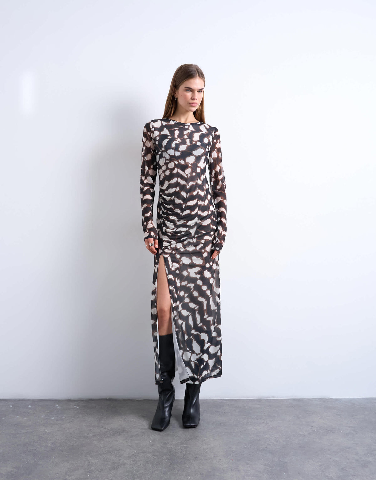 Topshop mesh maxi animal print long sleeve dress in multi