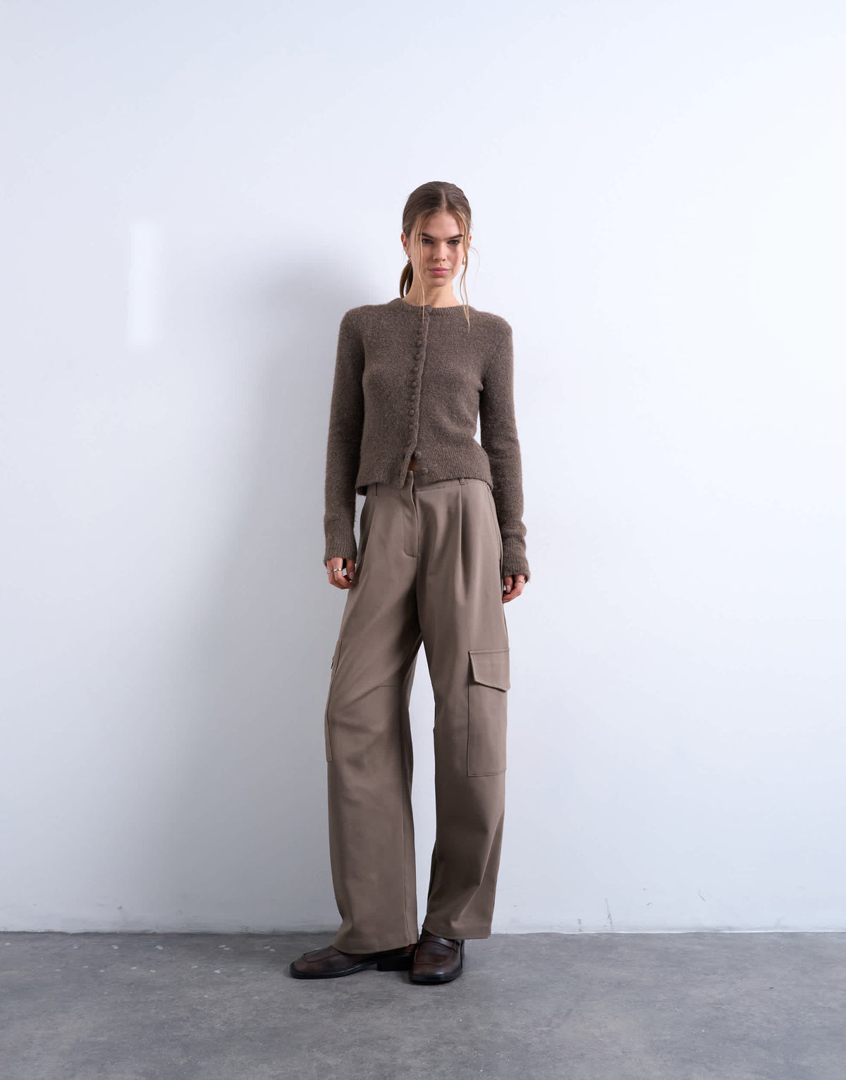 Topshop tailored barrel leg cargo trouser in taupe