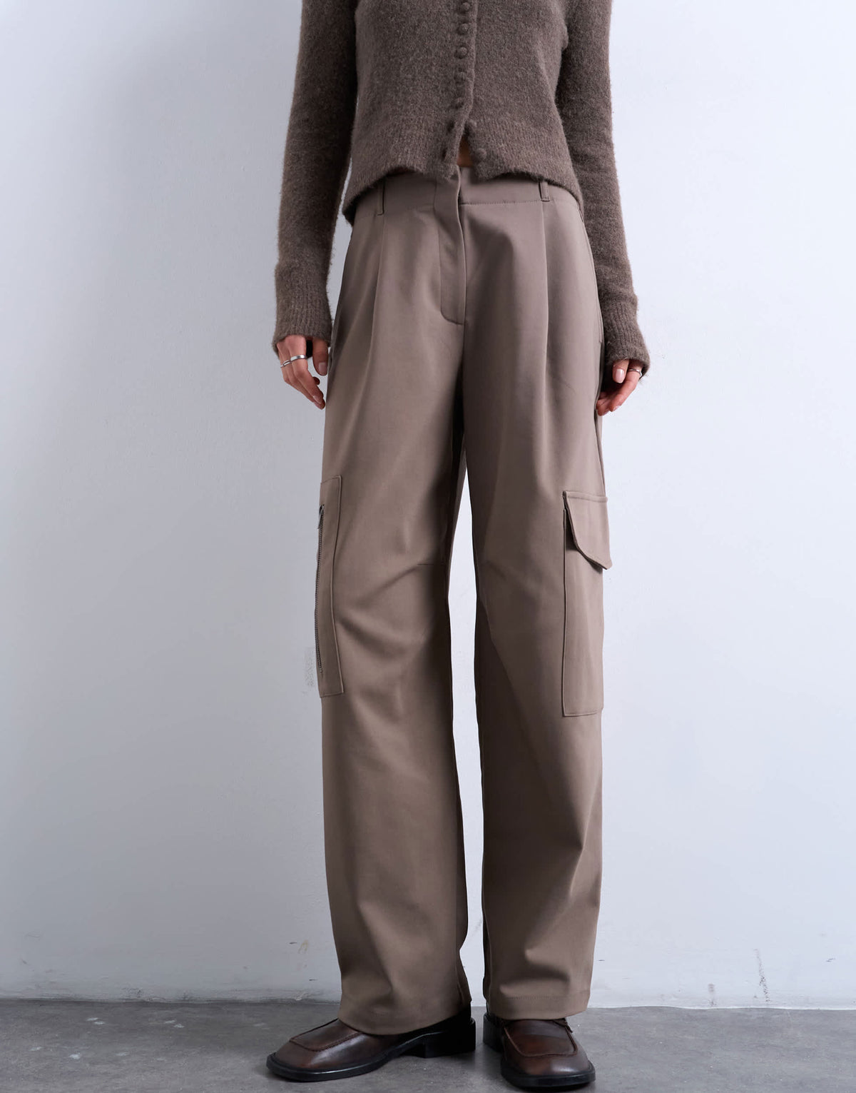 Topshop tailored barrel leg cargo trouser in taupe