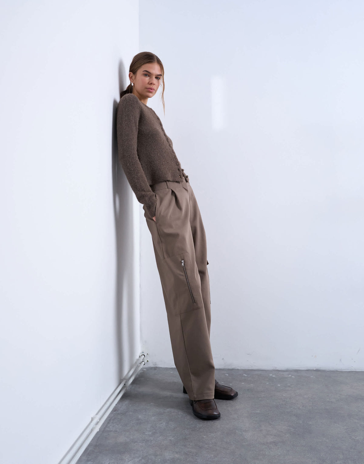 Topshop tailored barrel leg cargo trouser in taupe