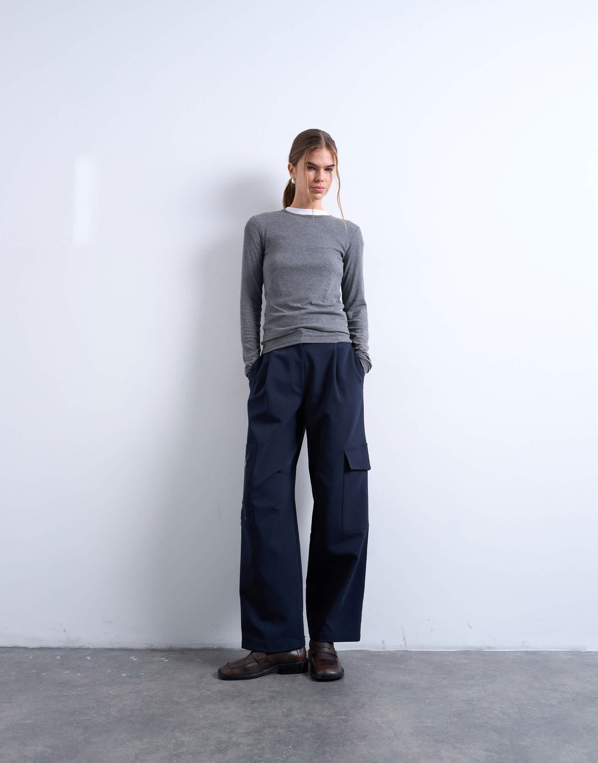Topshop tailored barrel leg cargo trouser in navy