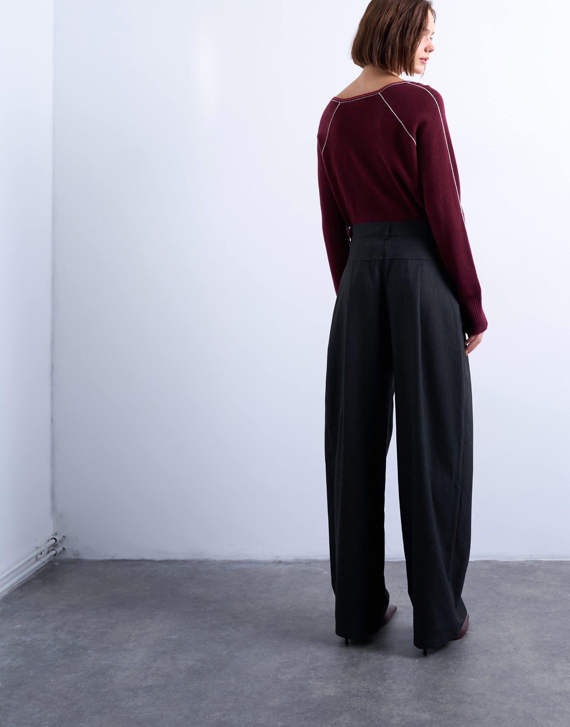 Topshop dropped waist barrel trouser in grey stripe herringbone