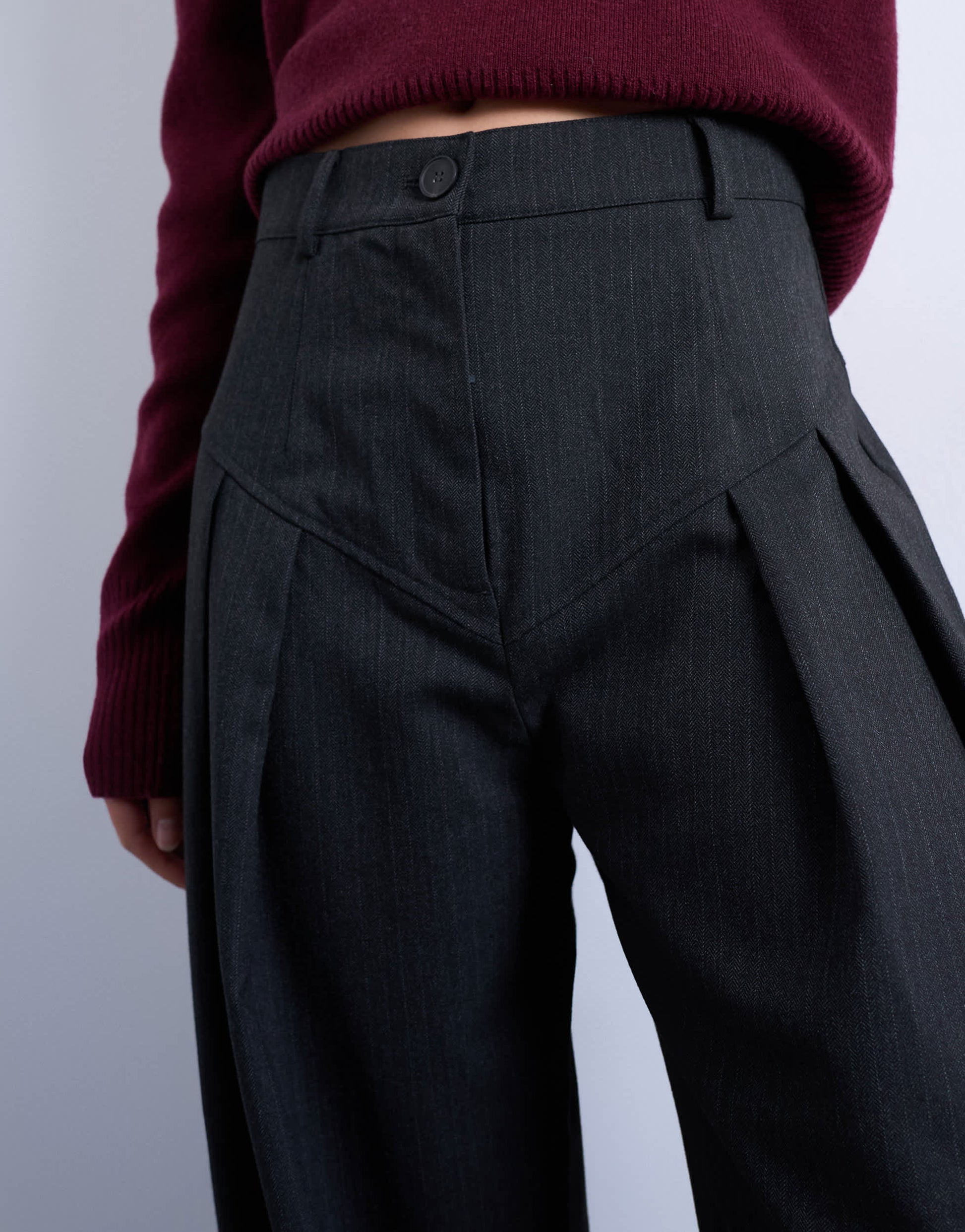 Topshop dropped waist barrel trouser in grey stripe herringbone