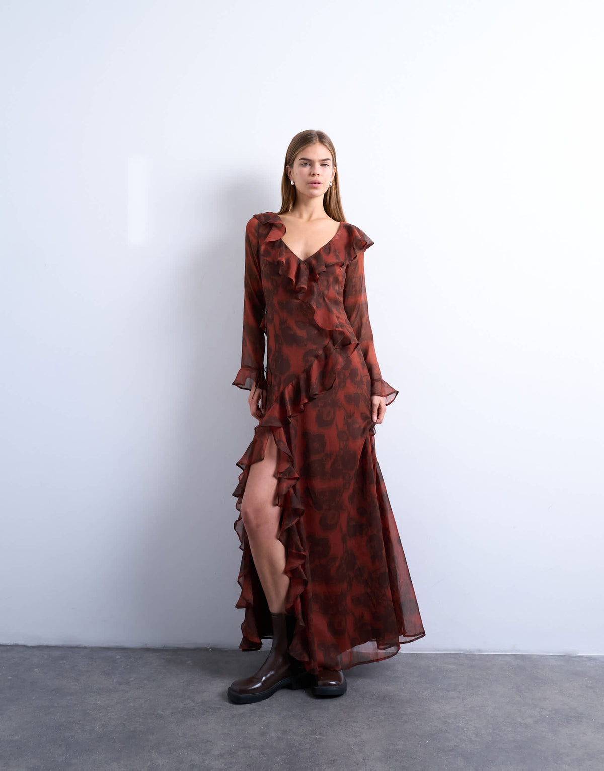 Topshop long sleeve ruffle maxi dress in blurred rusty floral