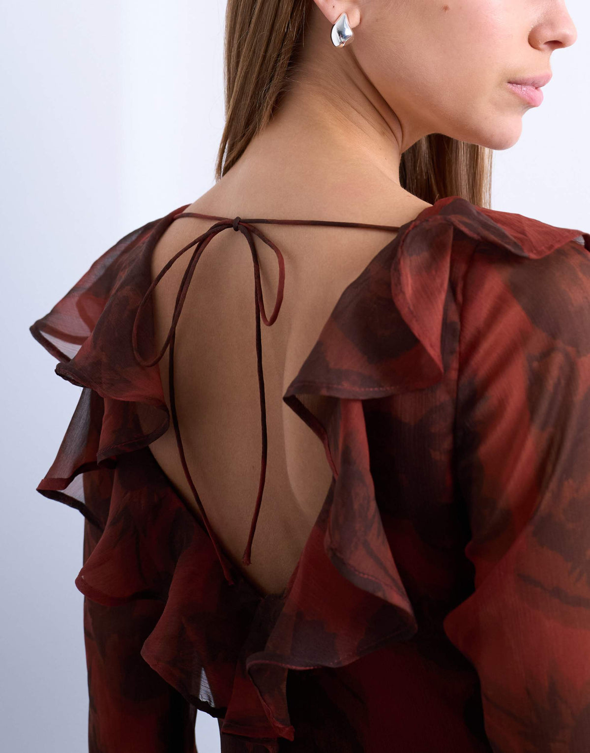 Topshop long sleeve ruffle maxi dress in blurred rusty floral
