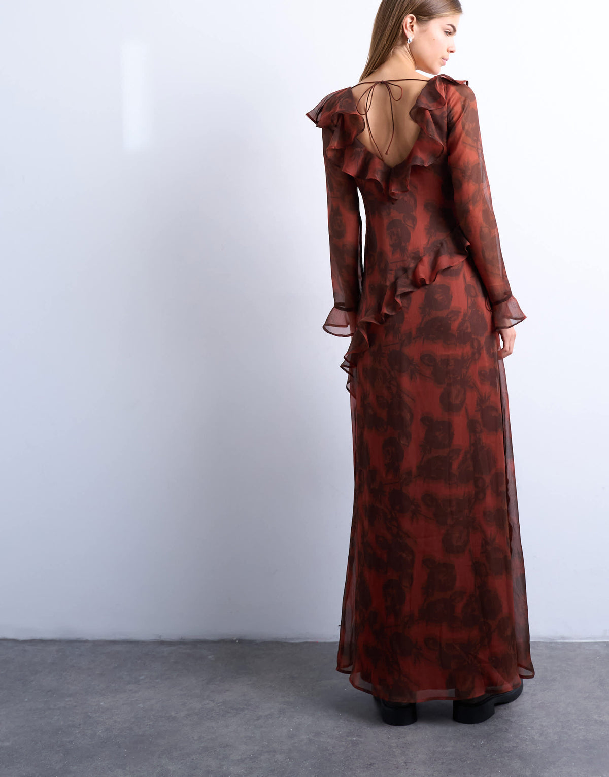 Topshop long sleeve ruffle maxi dress in blurred rusty floral
