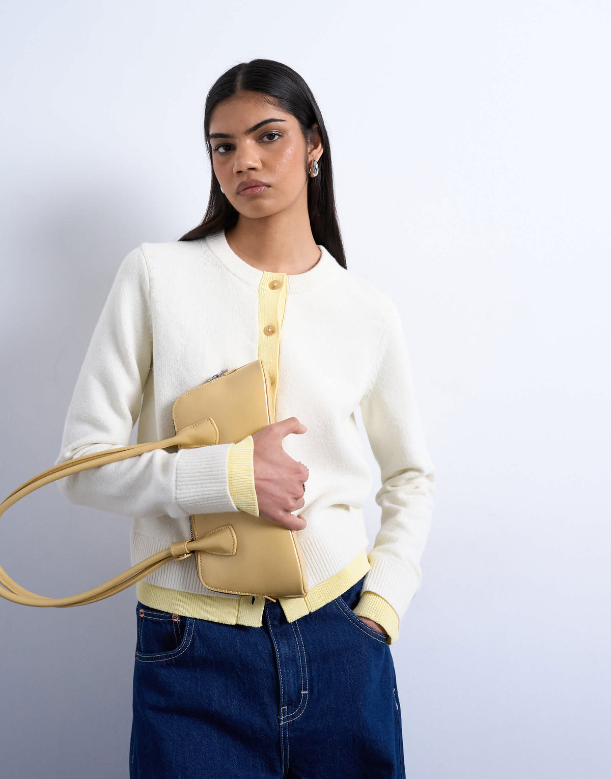 Topshop compact knitted double layer cardigan in ivory and yellow