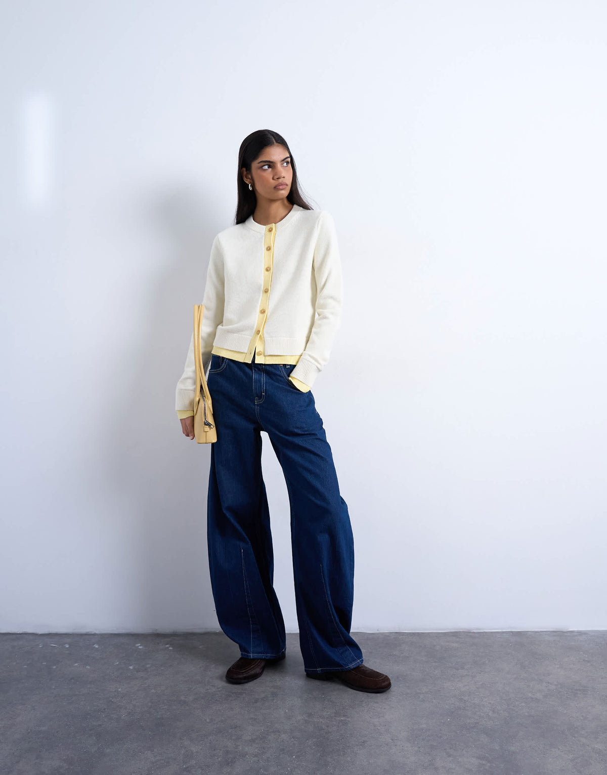 Topshop compact knitted double layer cardigan in ivory and yellow
