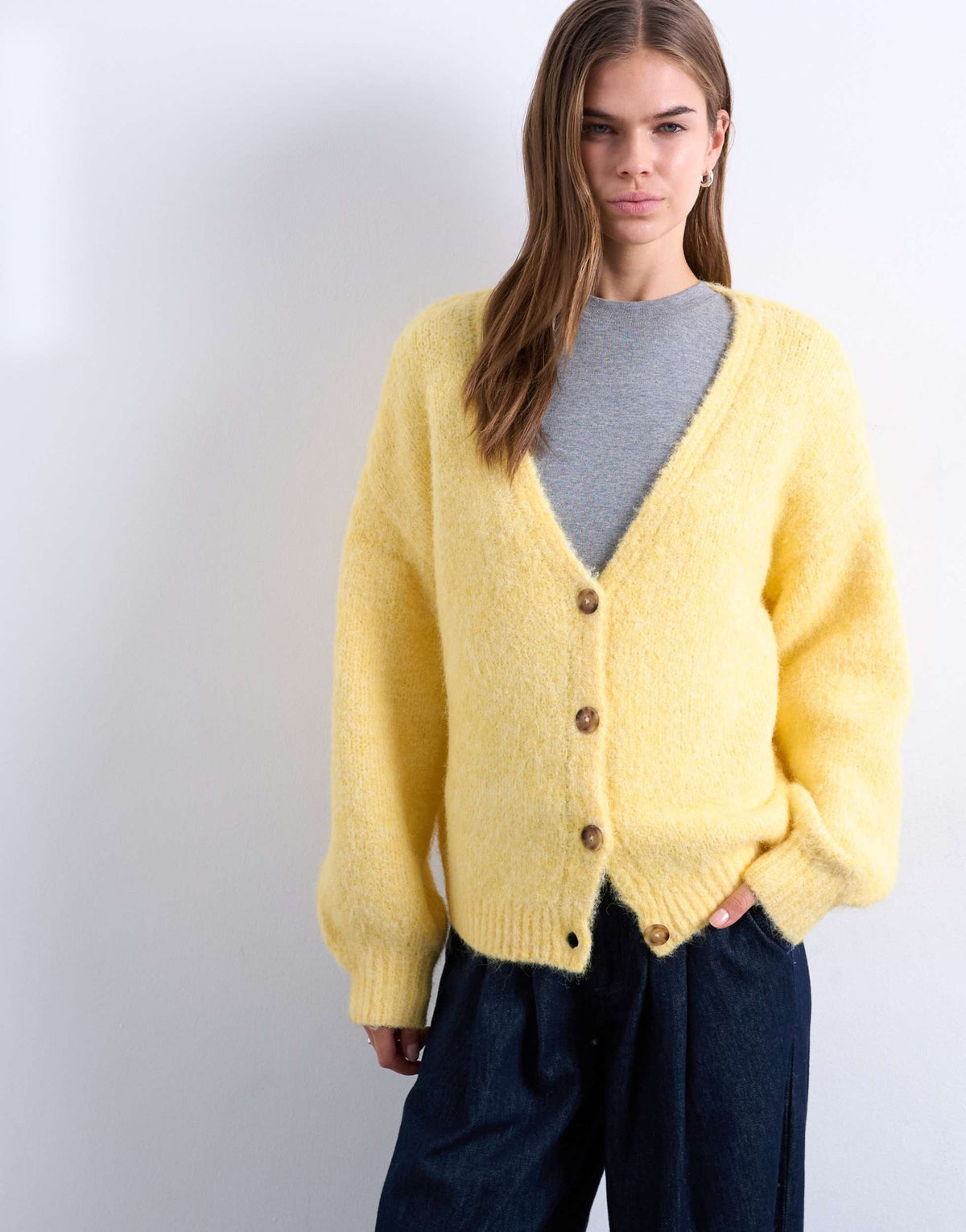 Topshop knitted wool brushed fluffy v neck cardigan in yellow