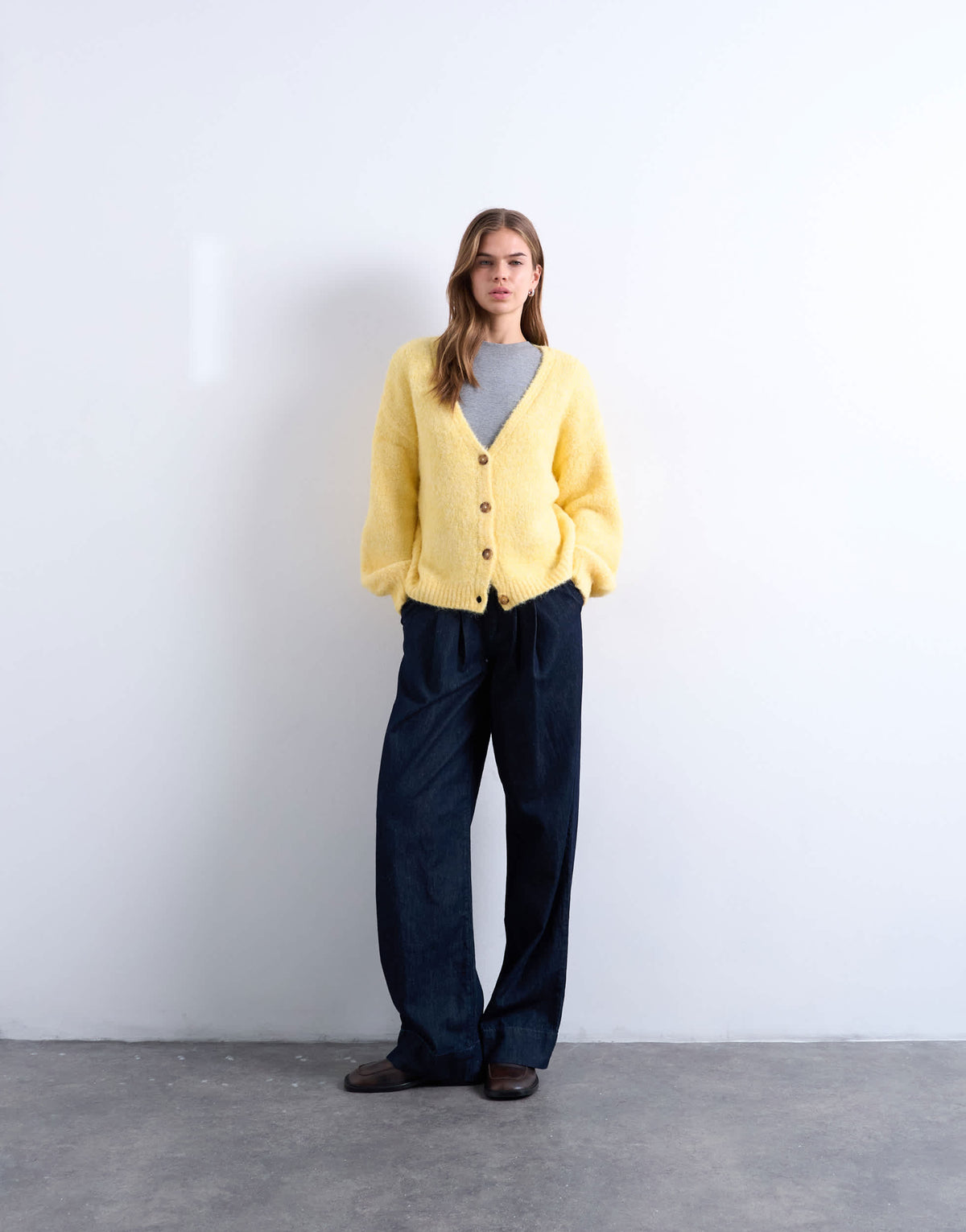 Topshop knitted wool brushed fluffy v neck cardigan in yellow