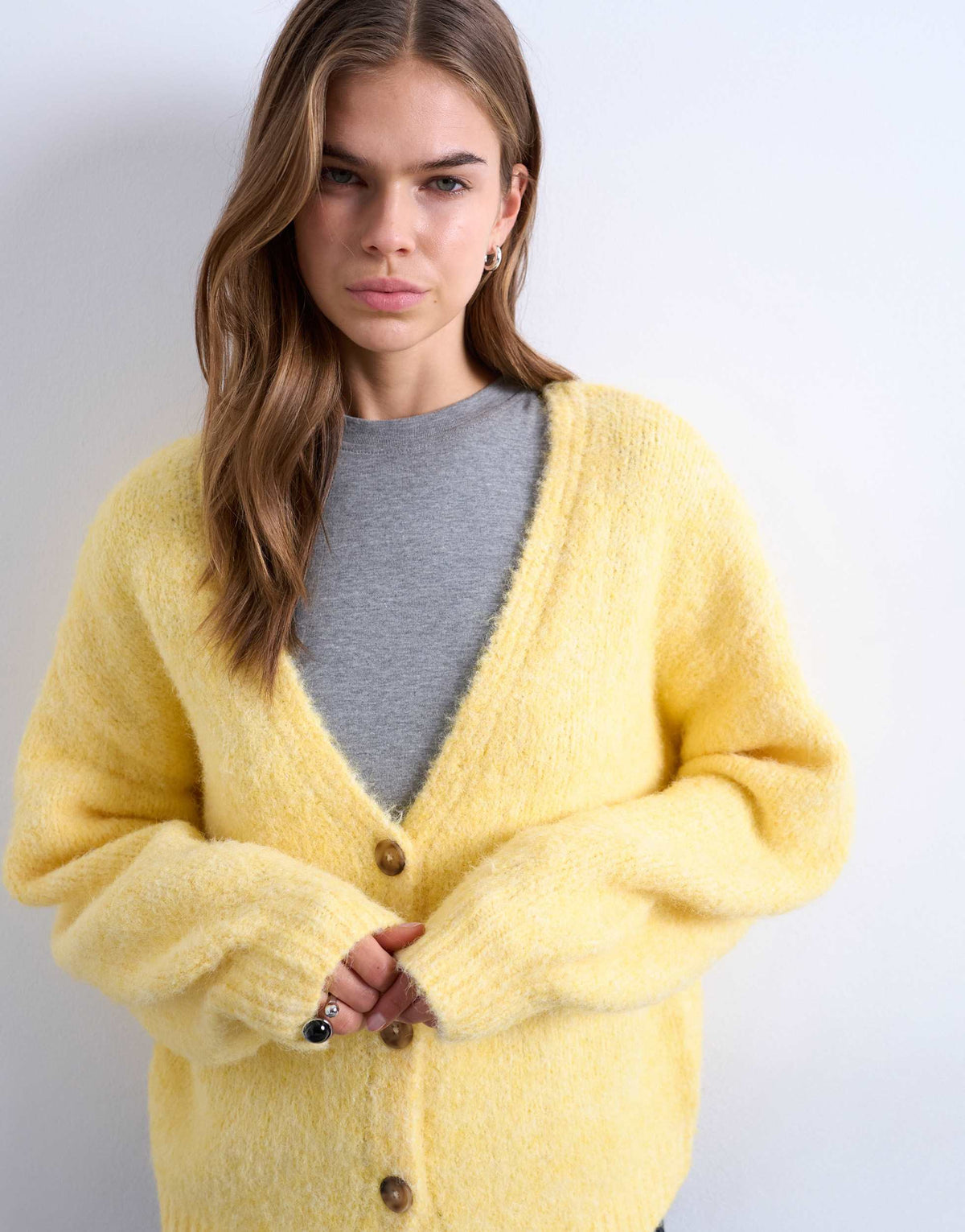 Topshop knitted wool brushed fluffy v neck cardigan in yellow